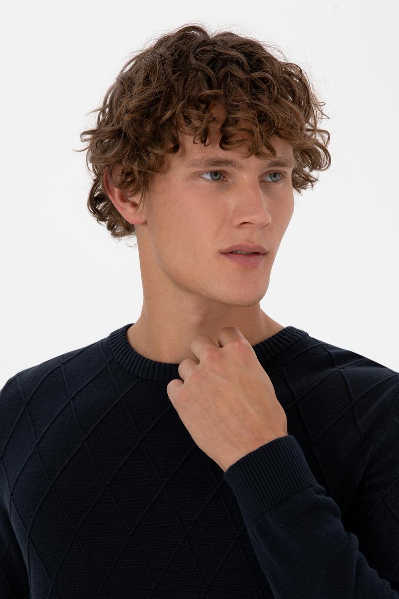 Erkek Slim Fit Bisiklet Yaka Desenli Açık Lacivert Kazak - 50315748007