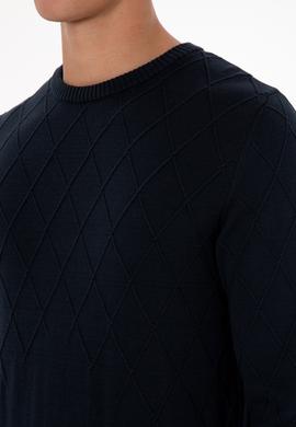 Erkek Slim Fit Bisiklet Yaka Desenli Açık Lacivert Kazak - 50315748007