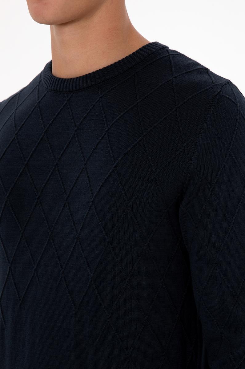 Erkek Slim Fit Bisiklet Yaka Desenli Açık Lacivert Kazak