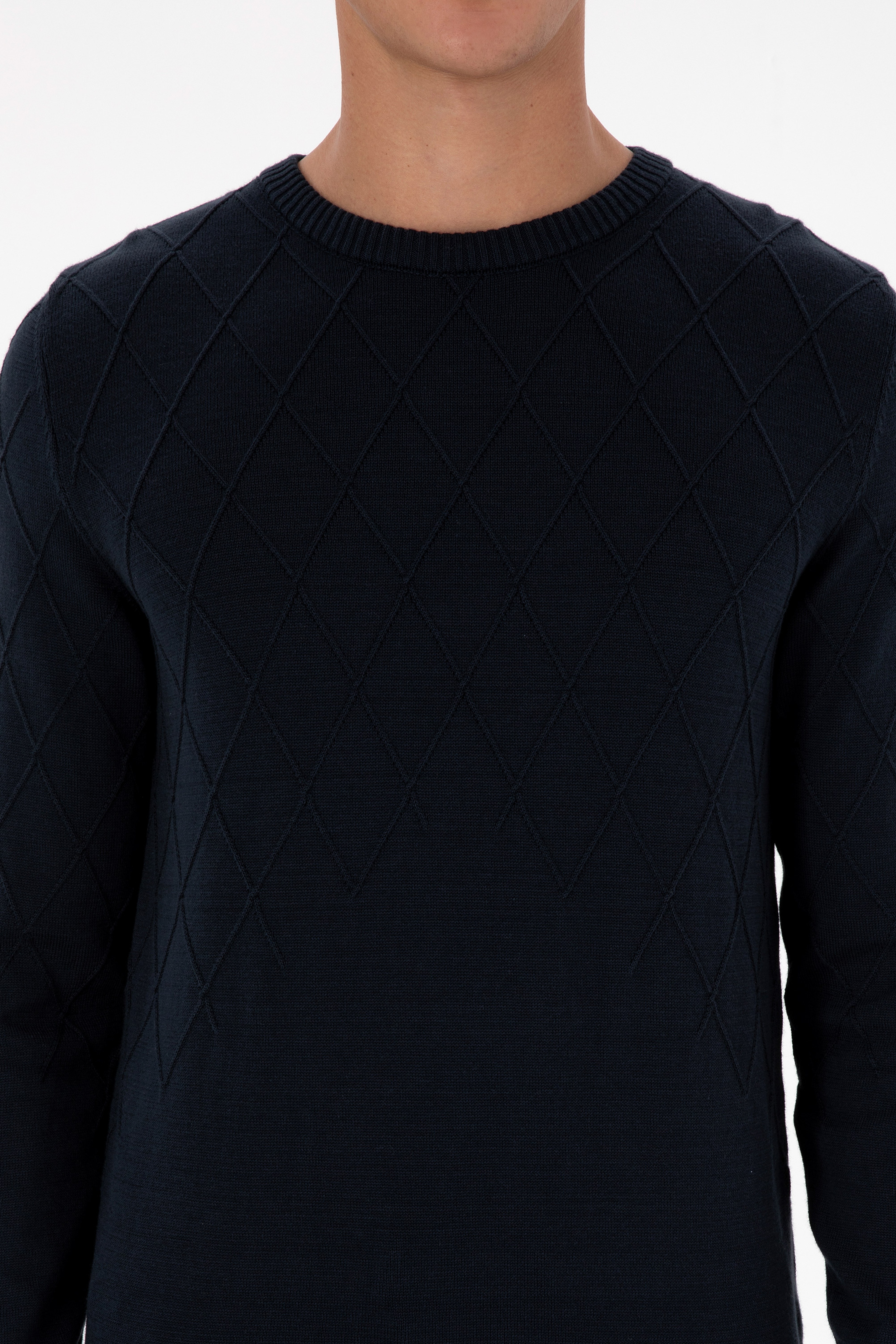 Erkek Slim Fit Bisiklet Yaka Desenli Açık Lacivert Kazak
