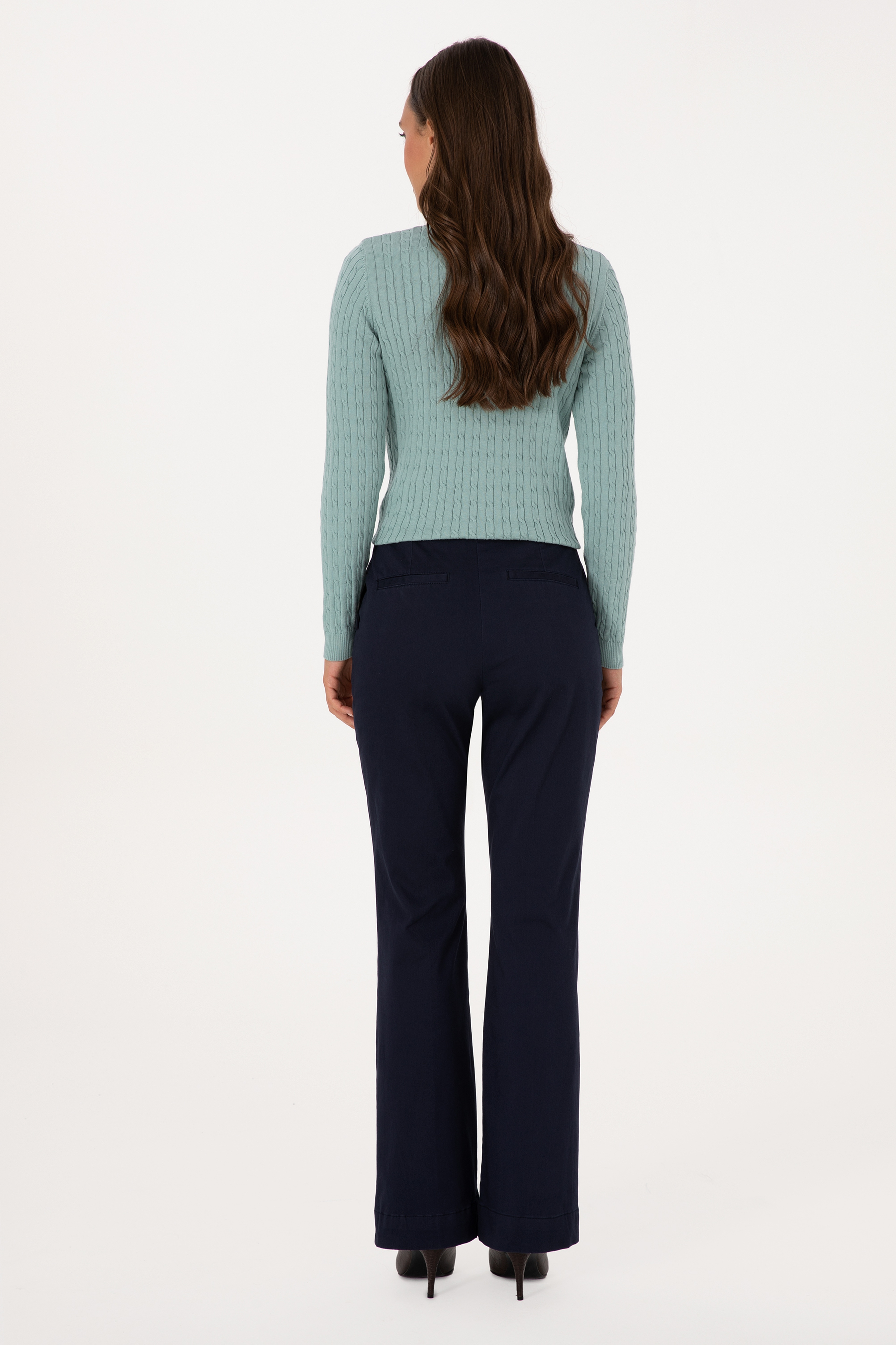 Kadın Lacivert Slim Flare Fit Kanvas Pantolon