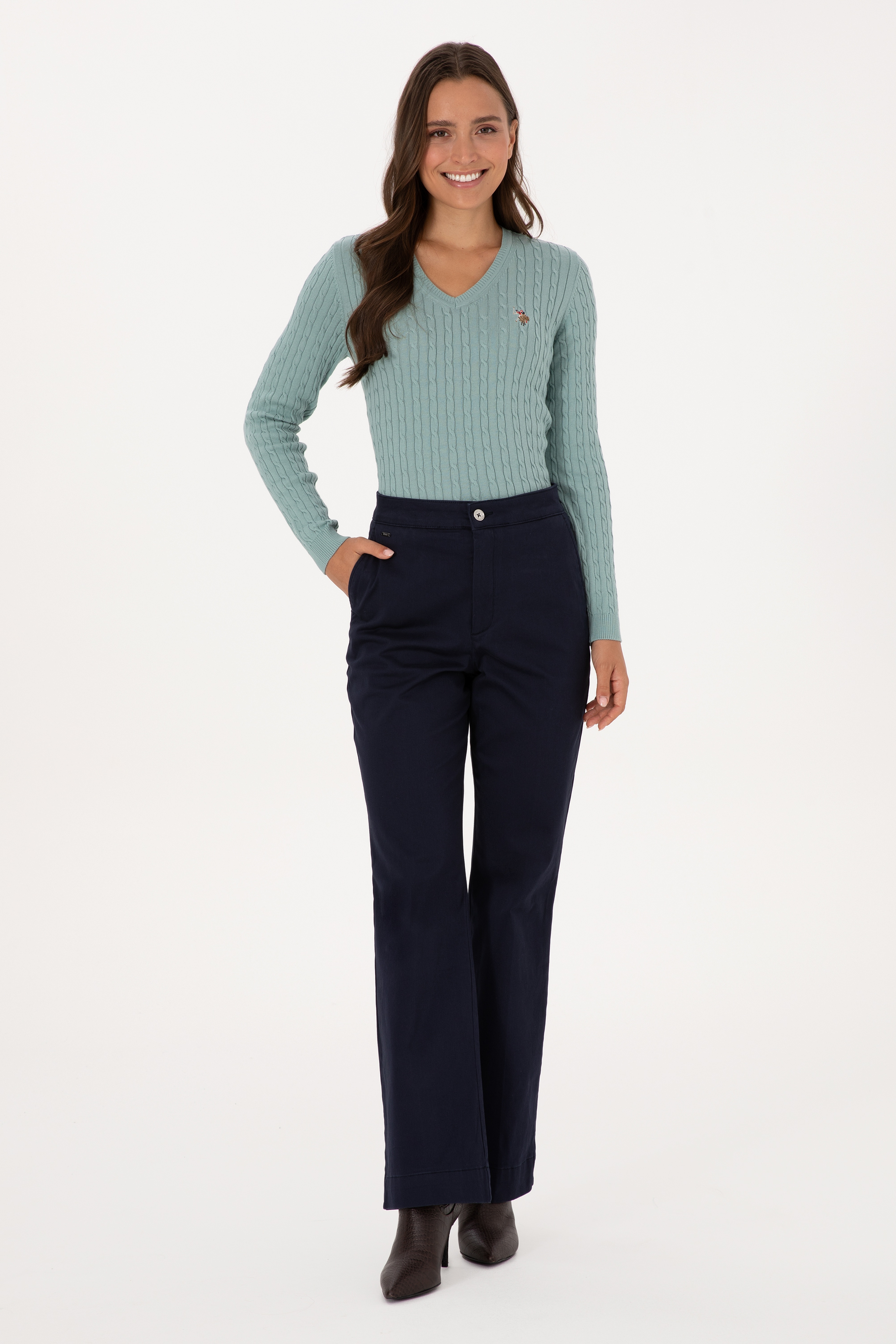 Kadın Lacivert Slim Flare Fit Kanvas Pantolon - Image 1