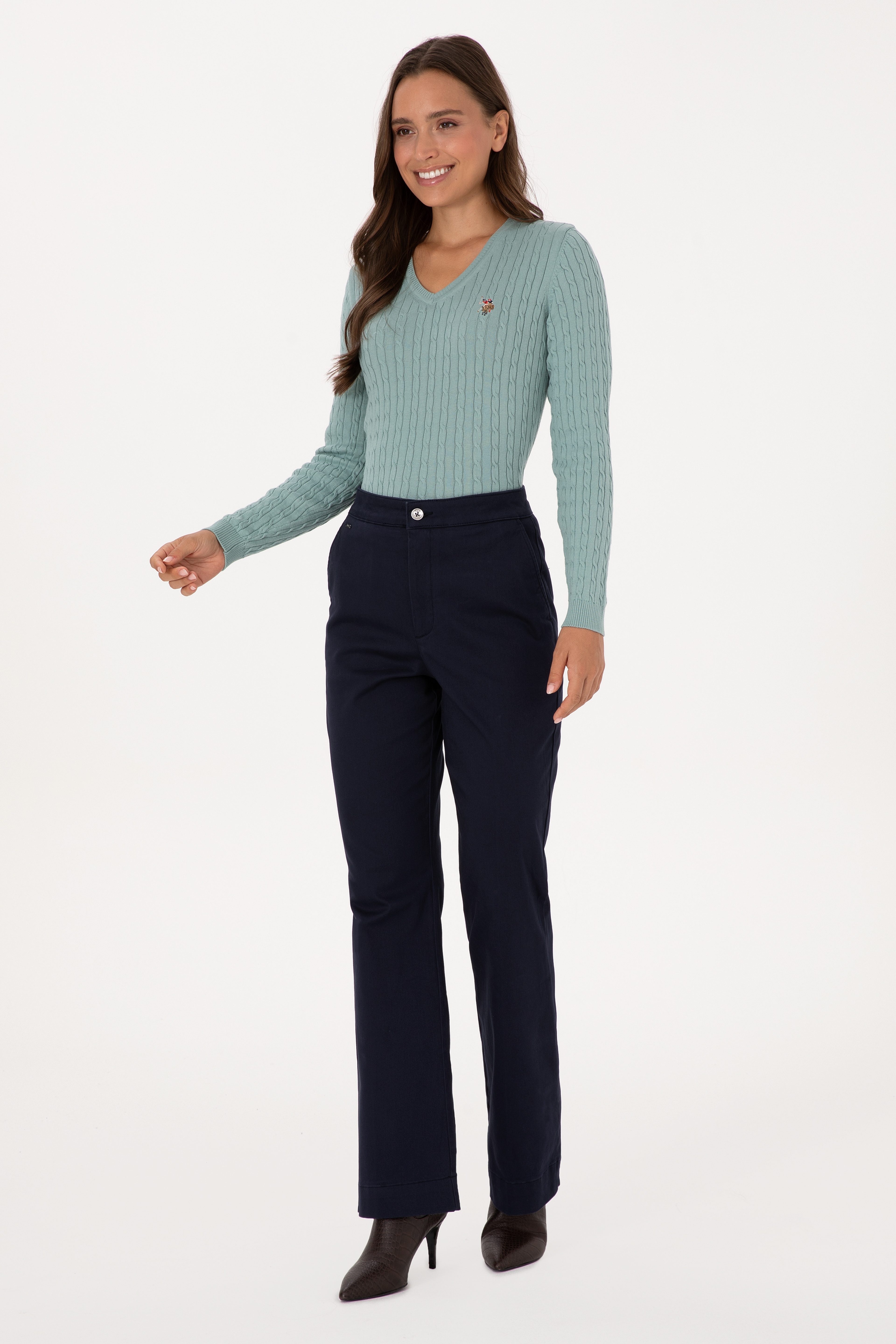 Kadın Lacivert Slim Flare Fit Kanvas Pantolon - Image 3