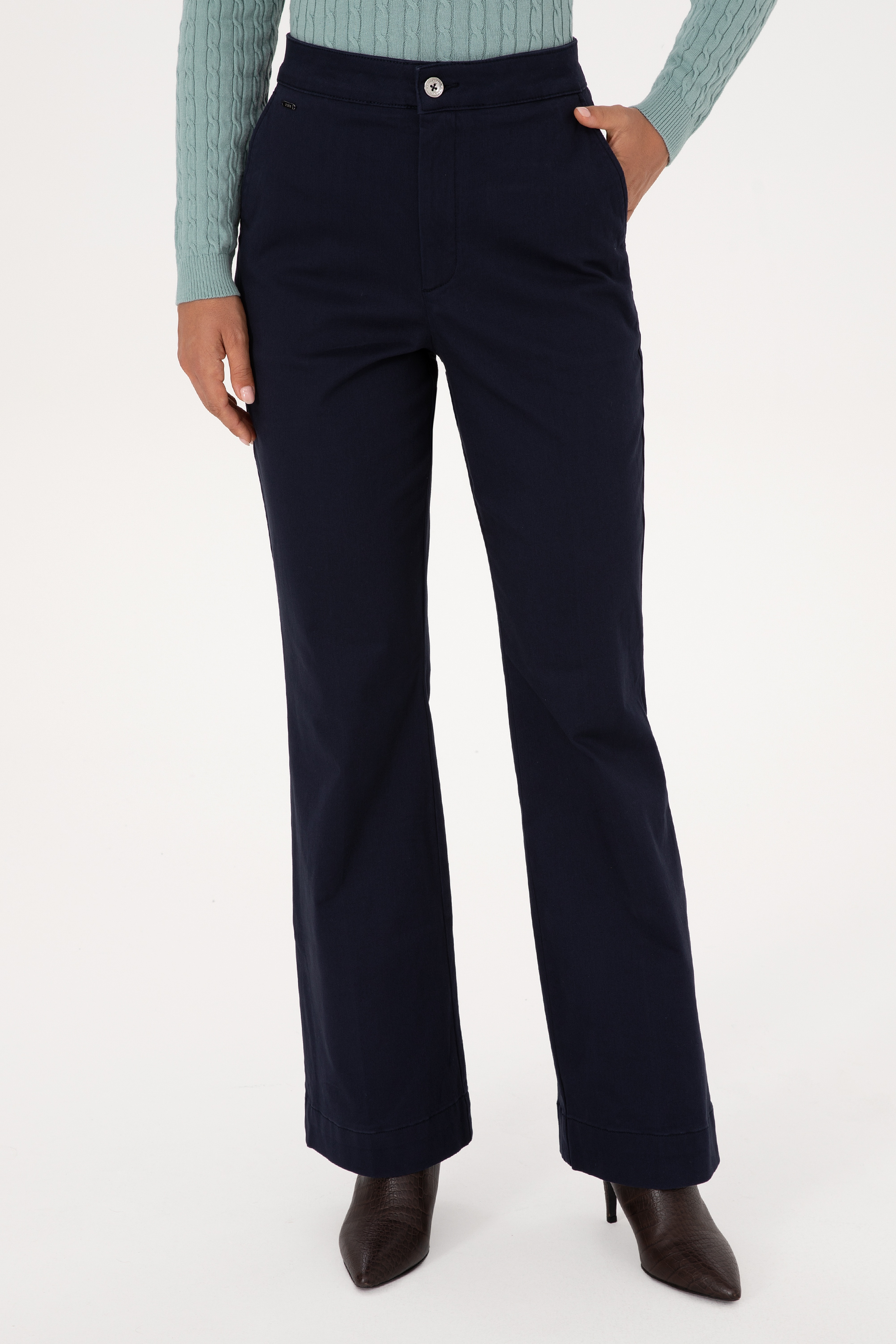 Kadın Lacivert Slim Flare Fit Kanvas Pantolon - Image 2