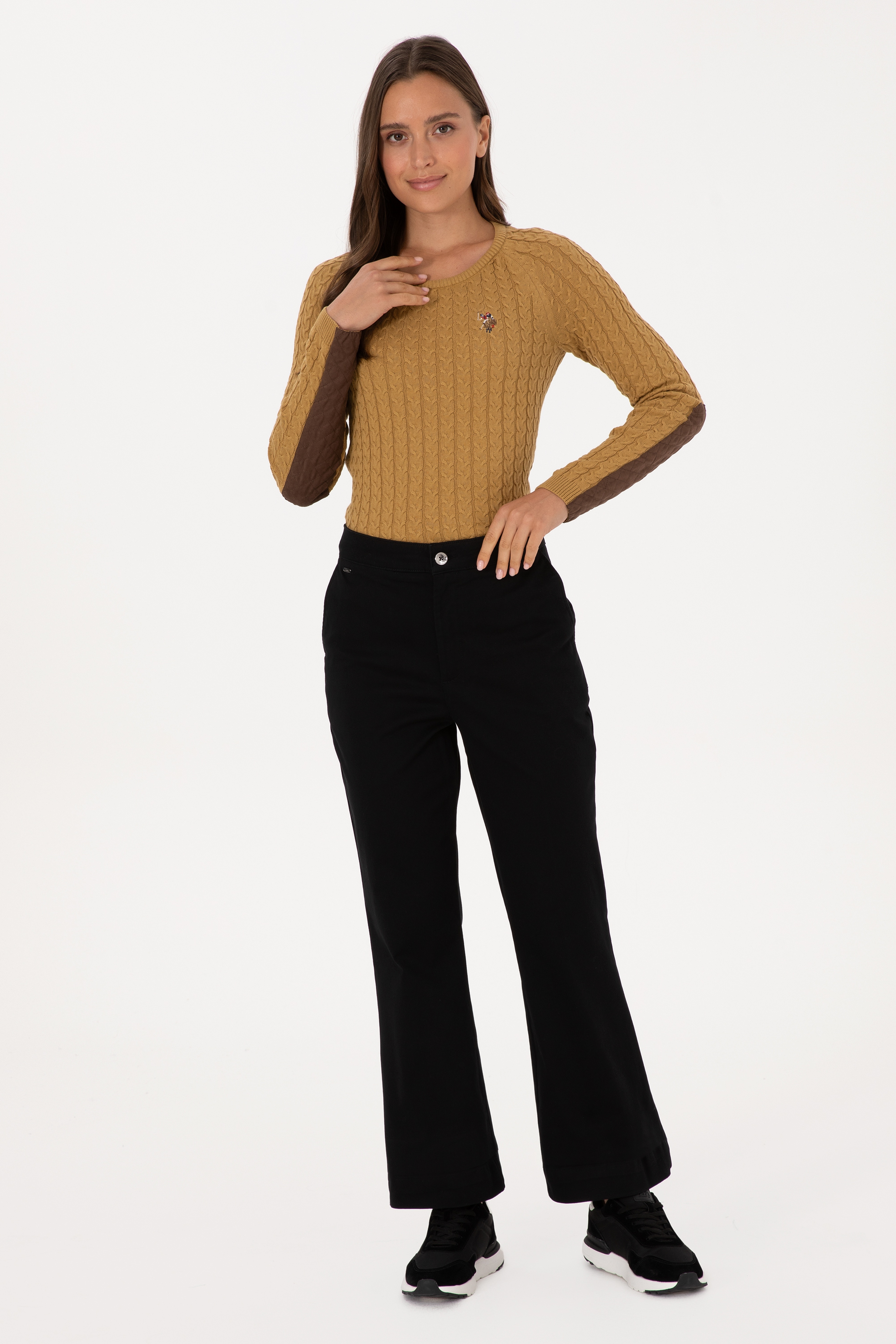 Kadın Siyah Slim Flare Fit Kanvas Pantolon - Image 1