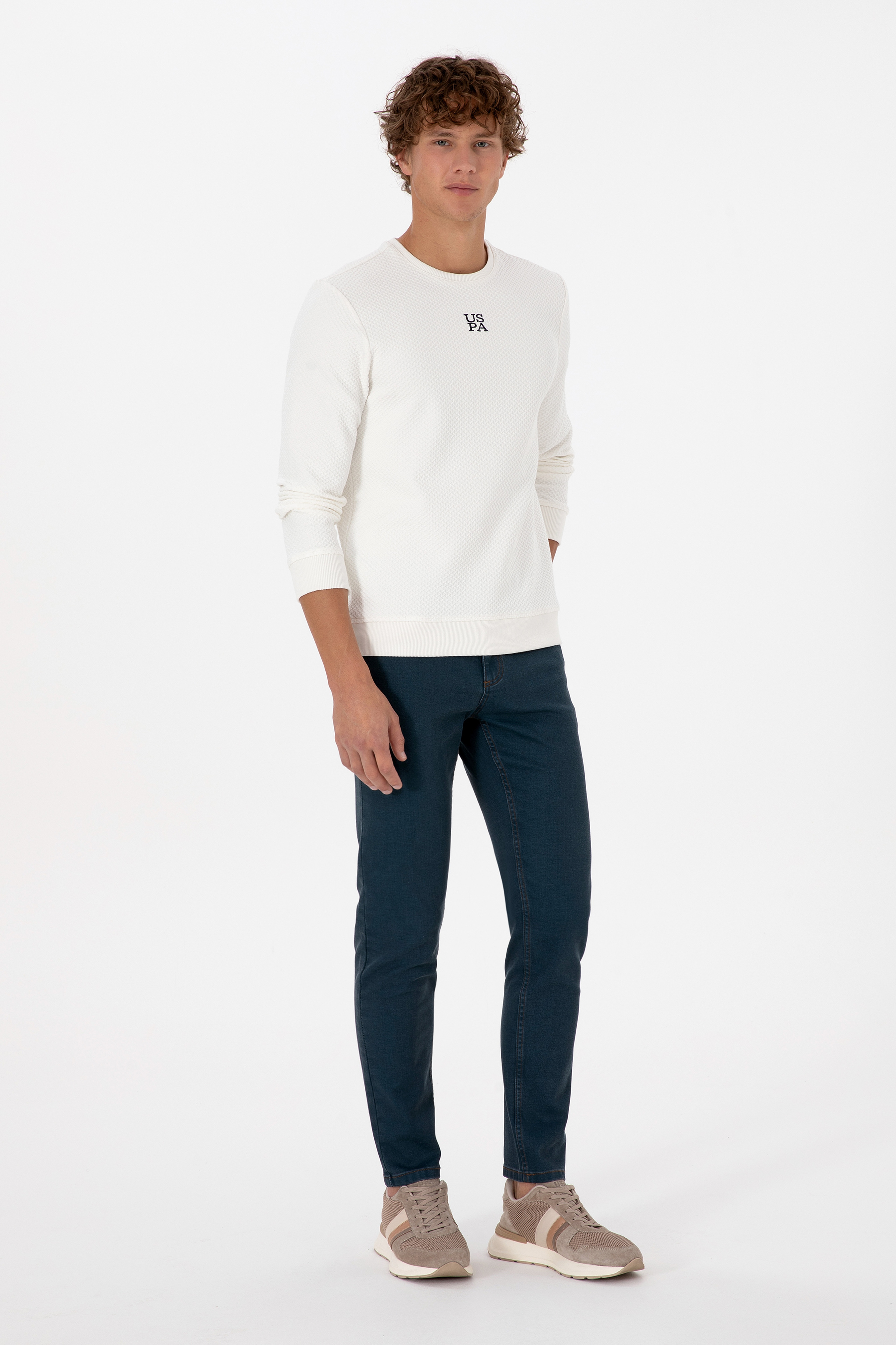 Erkek Regular Fit Bisiklet Yaka Krem Sweatshirt