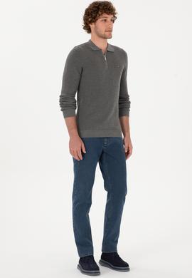 Erkek Regular Fit Fermuarlı Gri Melanj Basic Kazak - 50313685062