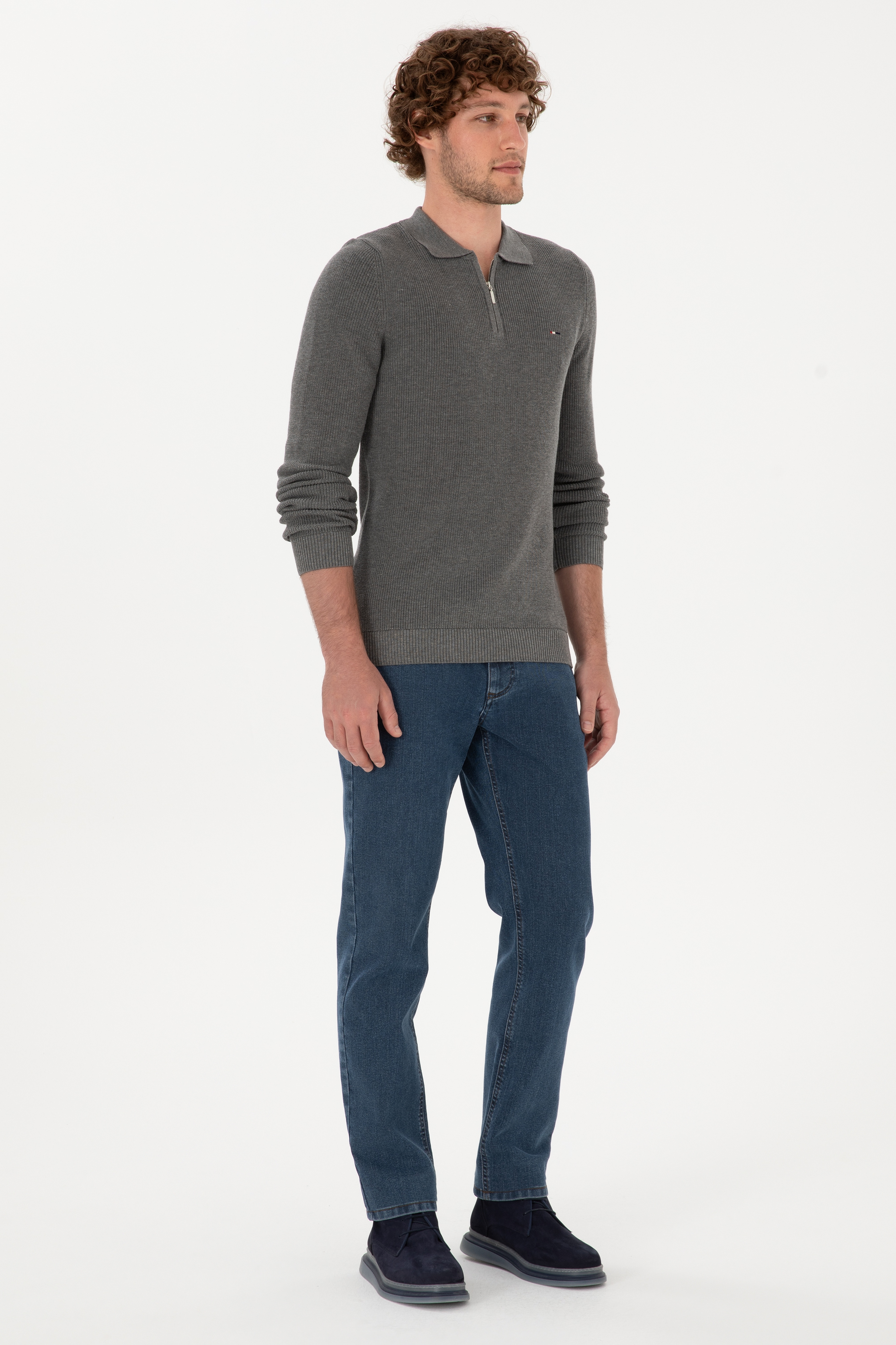 Erkek Regular Fit Yarım Fermuarlı Gri Melanj Basic Kazak - Image 4