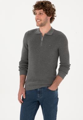 Erkek Regular Fit Fermuarlı Gri Melanj Basic Kazak - 50313685062