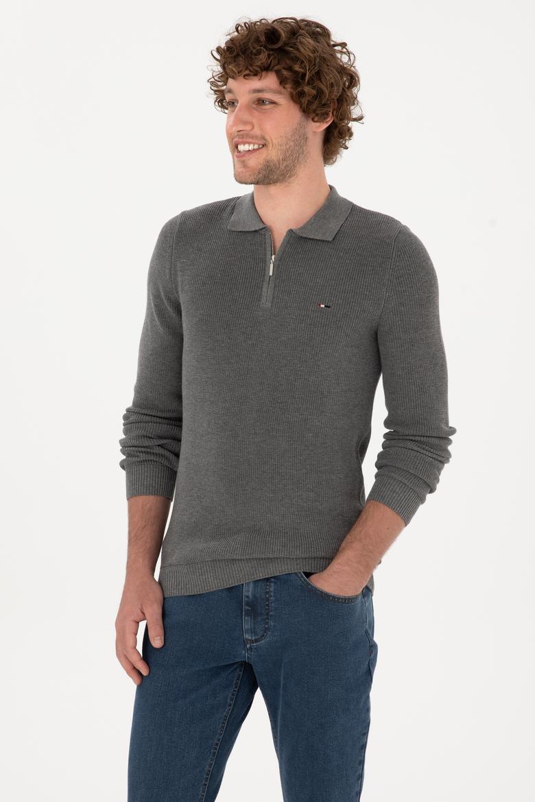 Erkek Regular Fit Fermuarlı Gri Melanj Basic Kazak - 50313685062