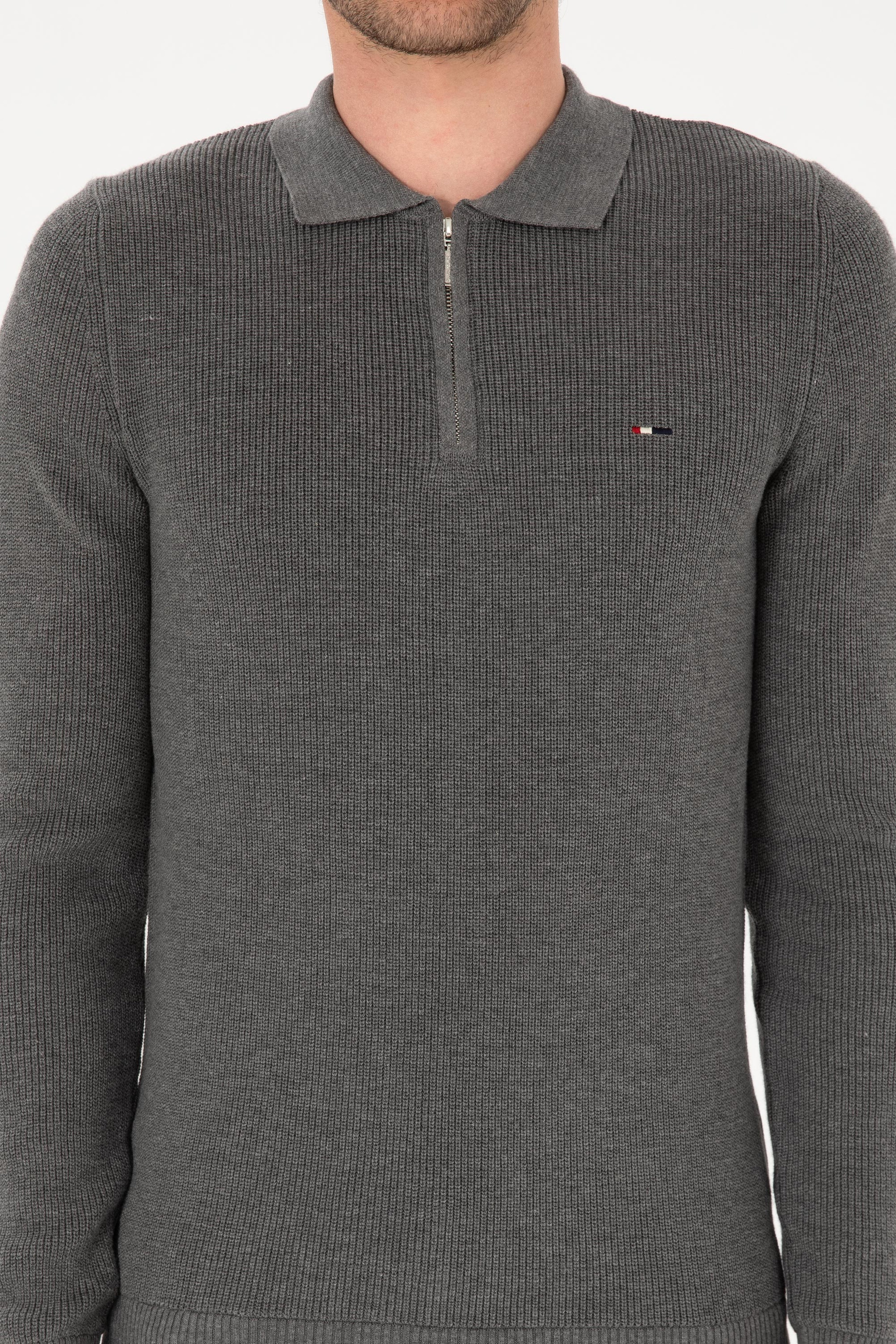 Erkek Regular Fit Yarım Fermuarlı Gri Melanj Basic Kazak - Image 6