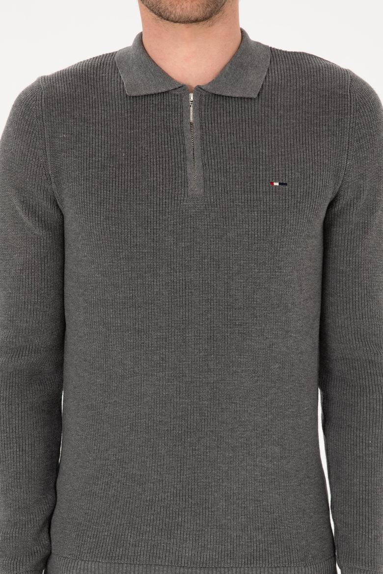 Erkek Regular Fit Fermuarlı Gri Melanj Basic Kazak - 50313685062