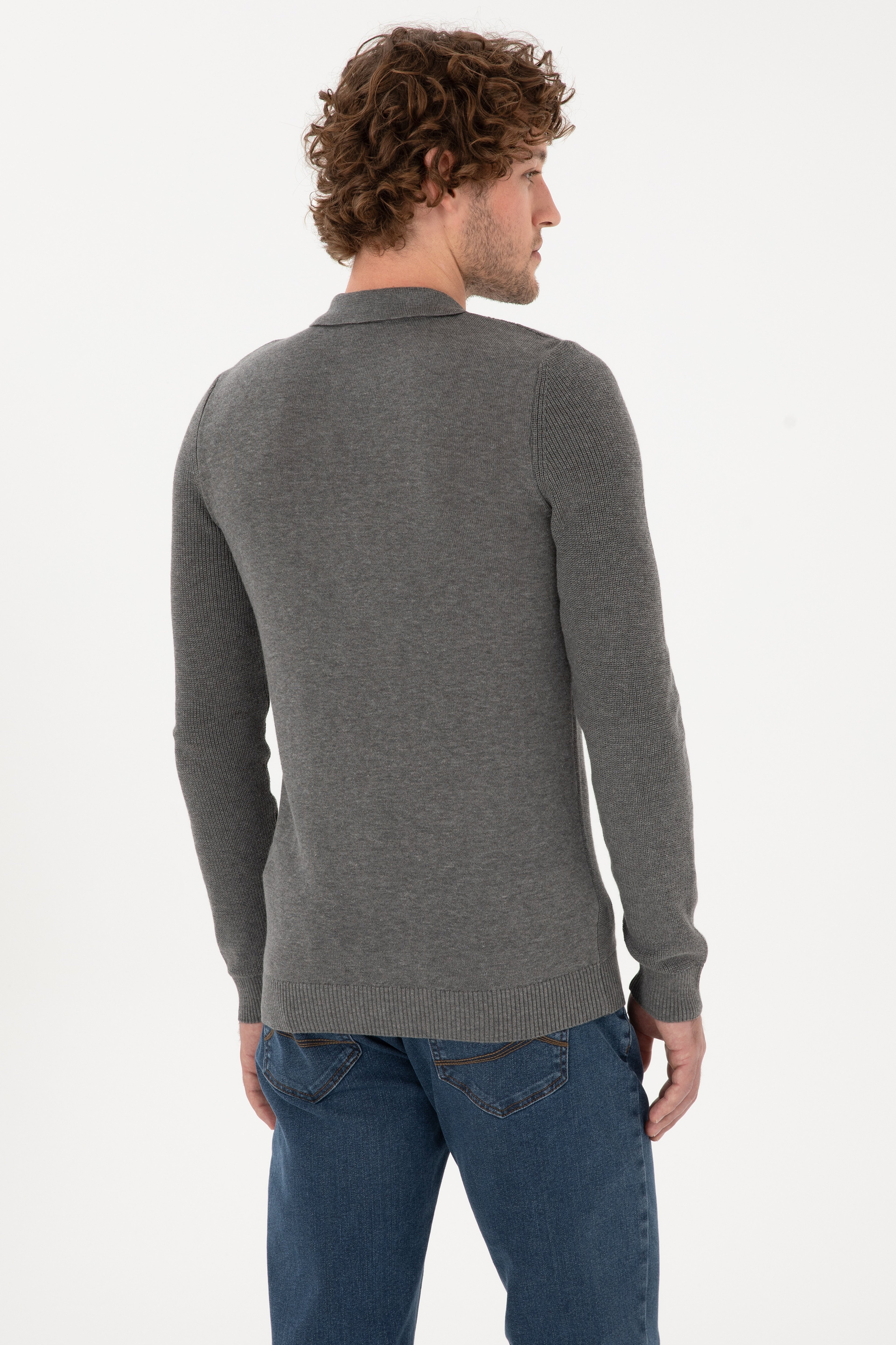 Erkek Regular Fit Yarım Fermuarlı Gri Melanj Basic Kazak - Image 5