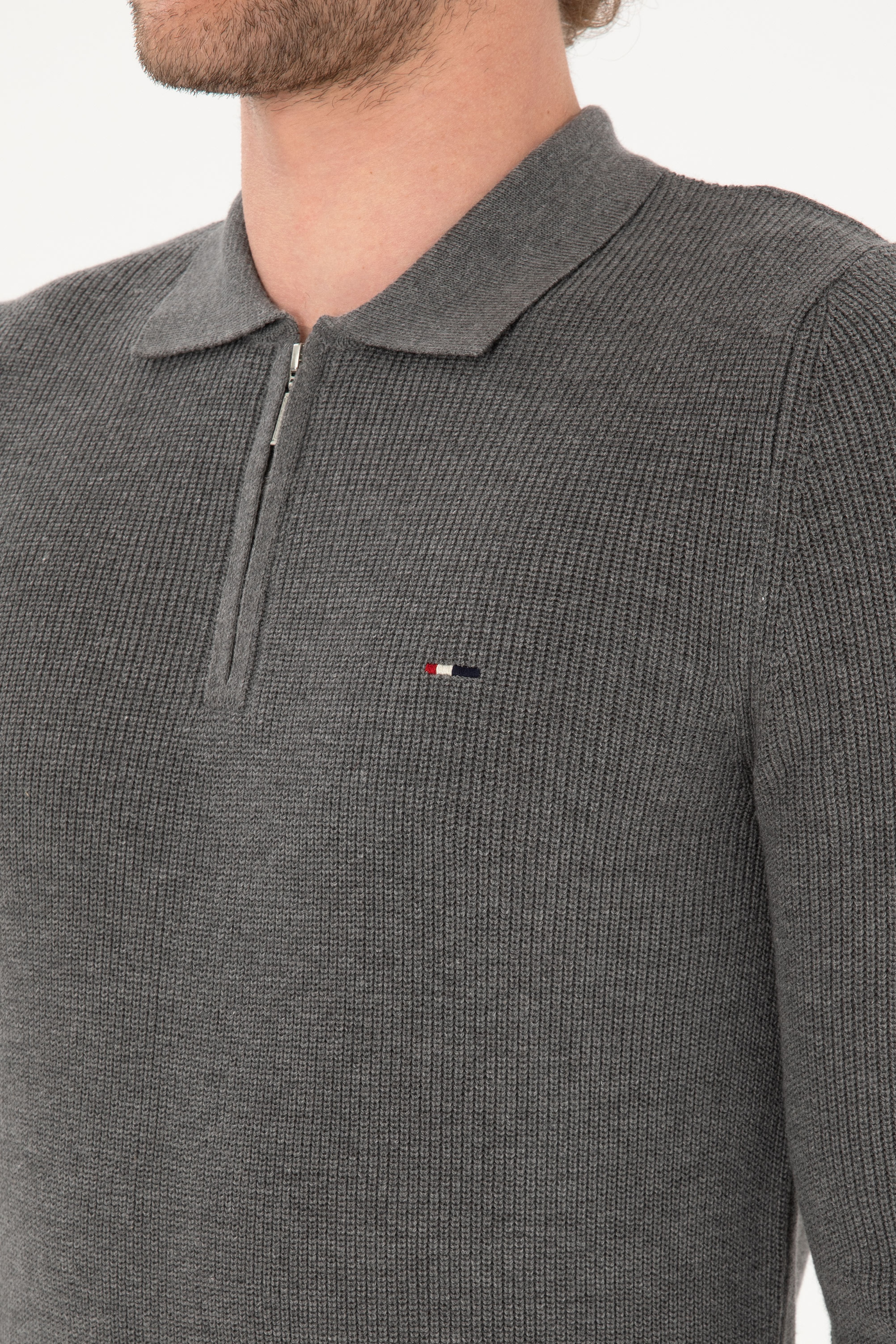 Erkek Regular Fit Yarım Fermuarlı Gri Melanj Basic Kazak