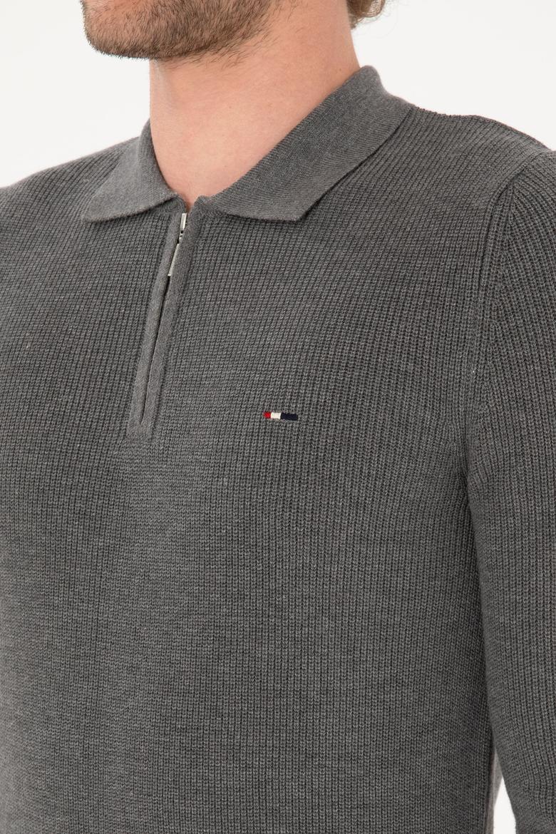 Erkek Regular Fit Fermuarlı Gri Melanj Basic Kazak - 50313685062