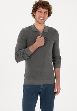 Erkek Regular Fit Fermuarlı Gri Melanj Basic Kazak - 50313685062