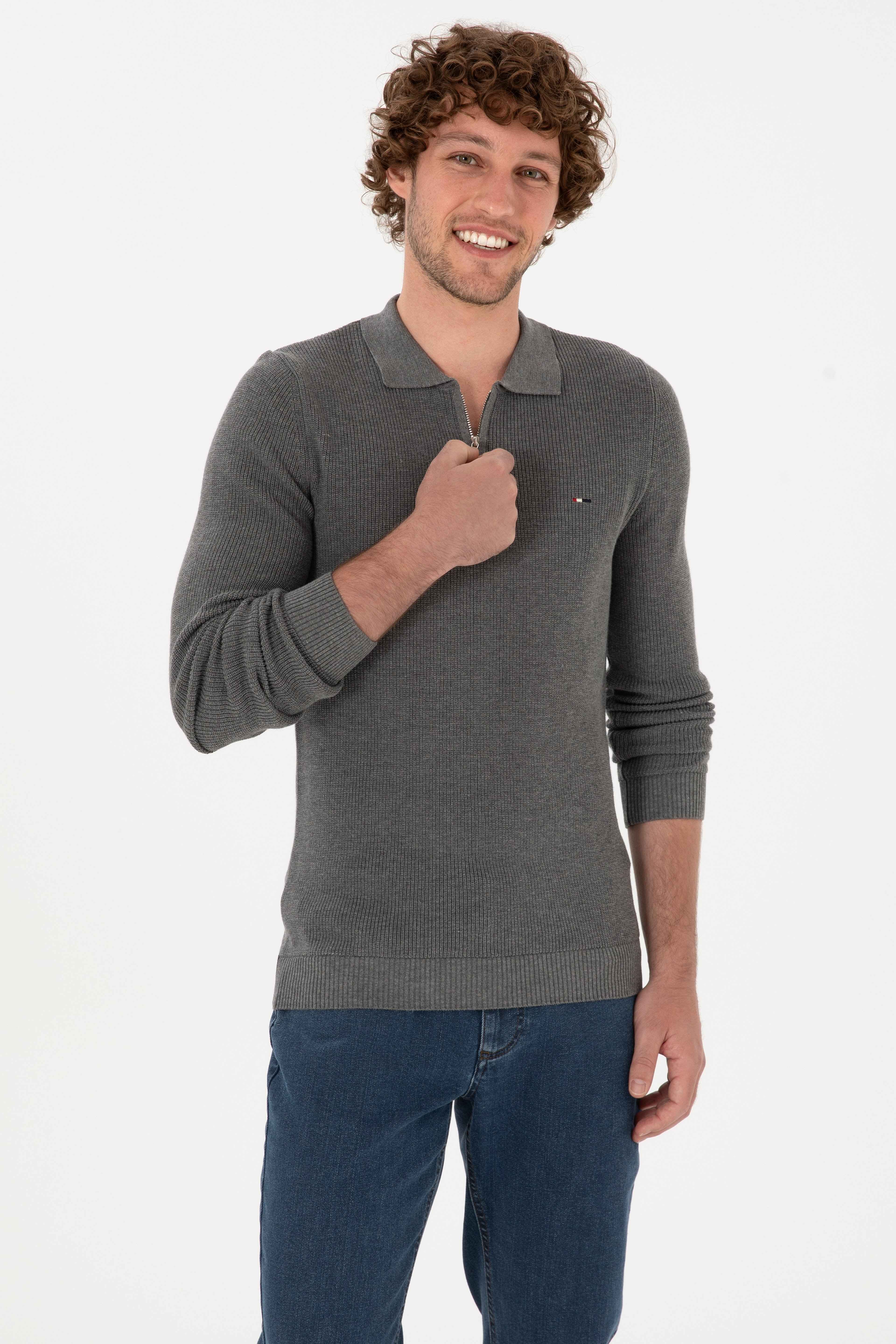 Erkek Regular Fit Yarım Fermuarlı Gri Melanj Basic Kazak