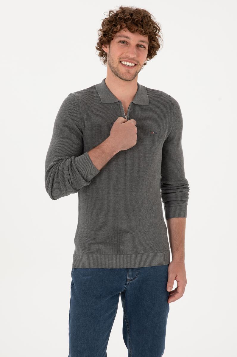 Erkek Regular Fit Fermuarlı Gri Melanj Basic Kazak