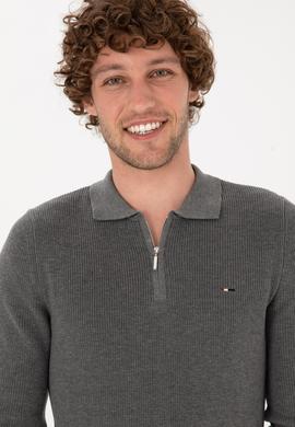 Erkek Regular Fit Fermuarlı Gri Melanj Basic Kazak - 50313685062