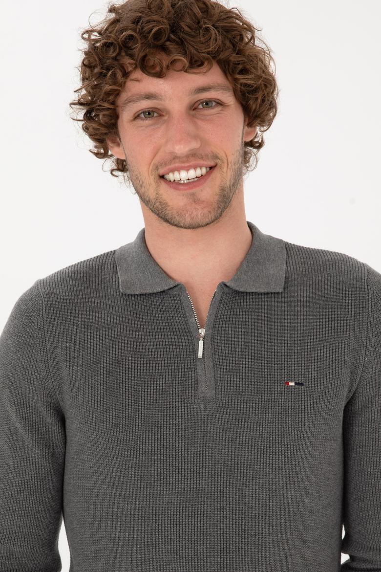 Erkek Regular Fit Fermuarlı Gri Melanj Basic Kazak - 50313685062