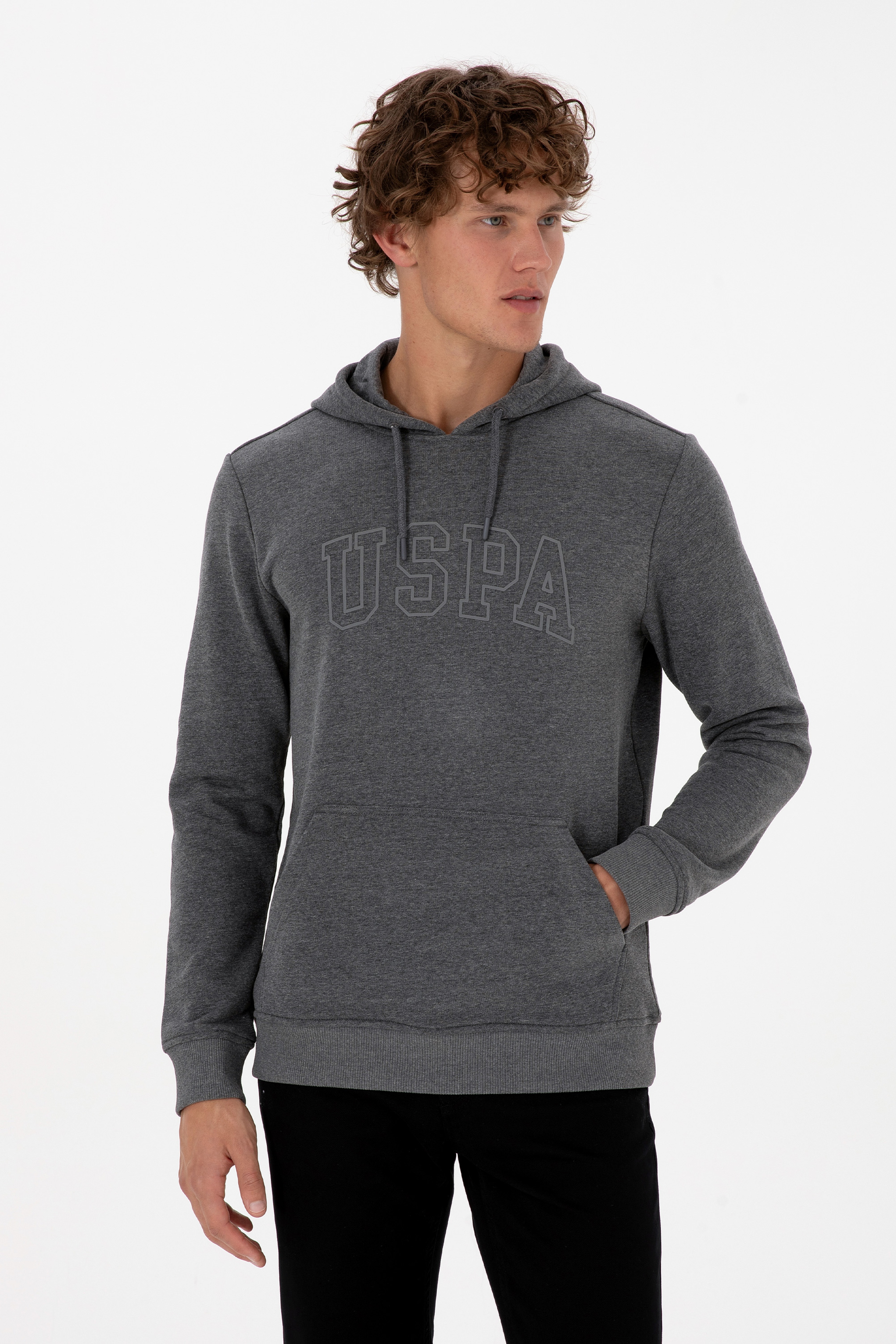 Erkek Regular Fit Kapüşonlu Antrasit Melanj Basic Sweatshirt - Image 1