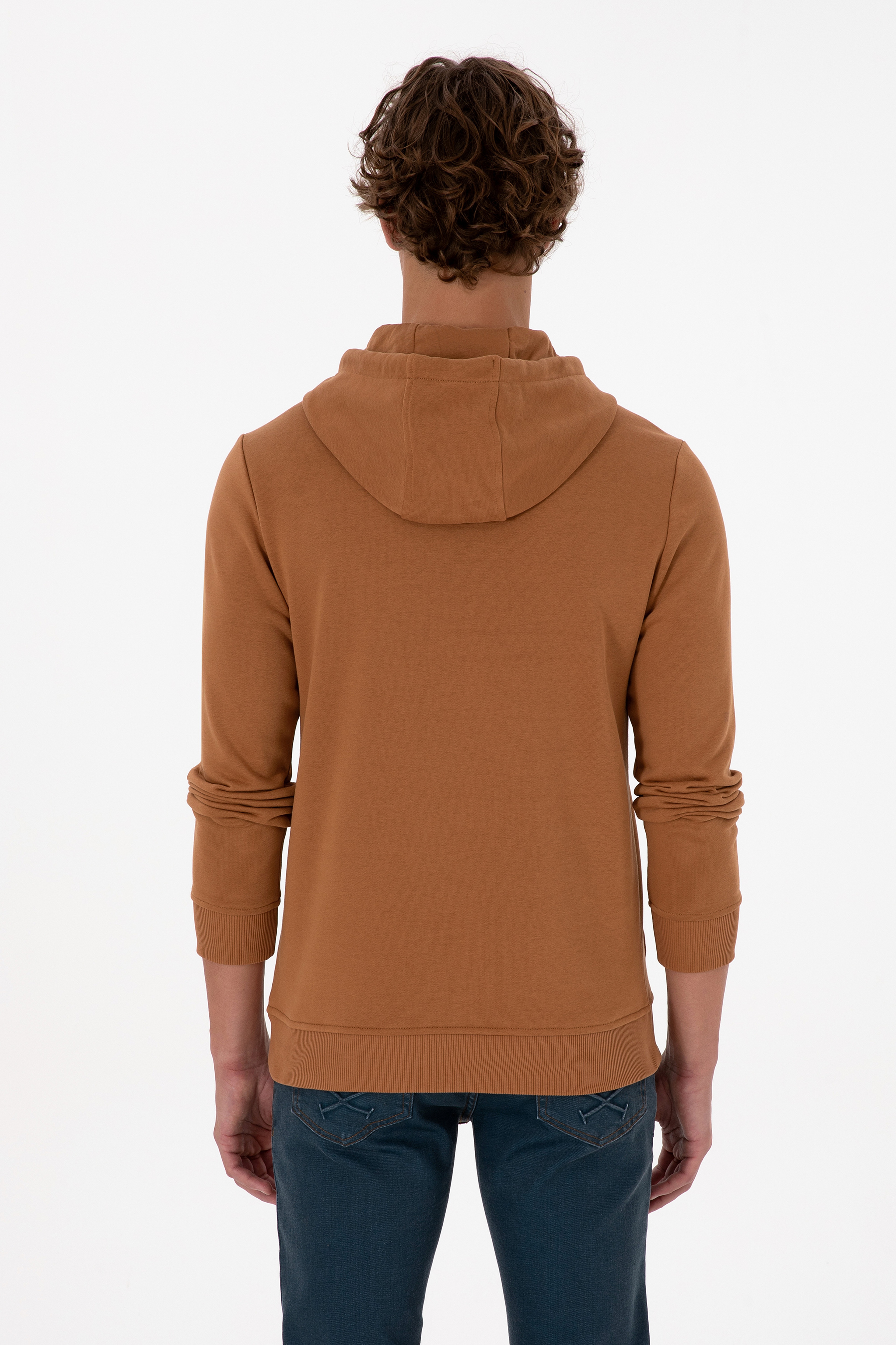 Erkek Regular Fit Kapüşonlu Camel Basic Sweatshirt - Image 5