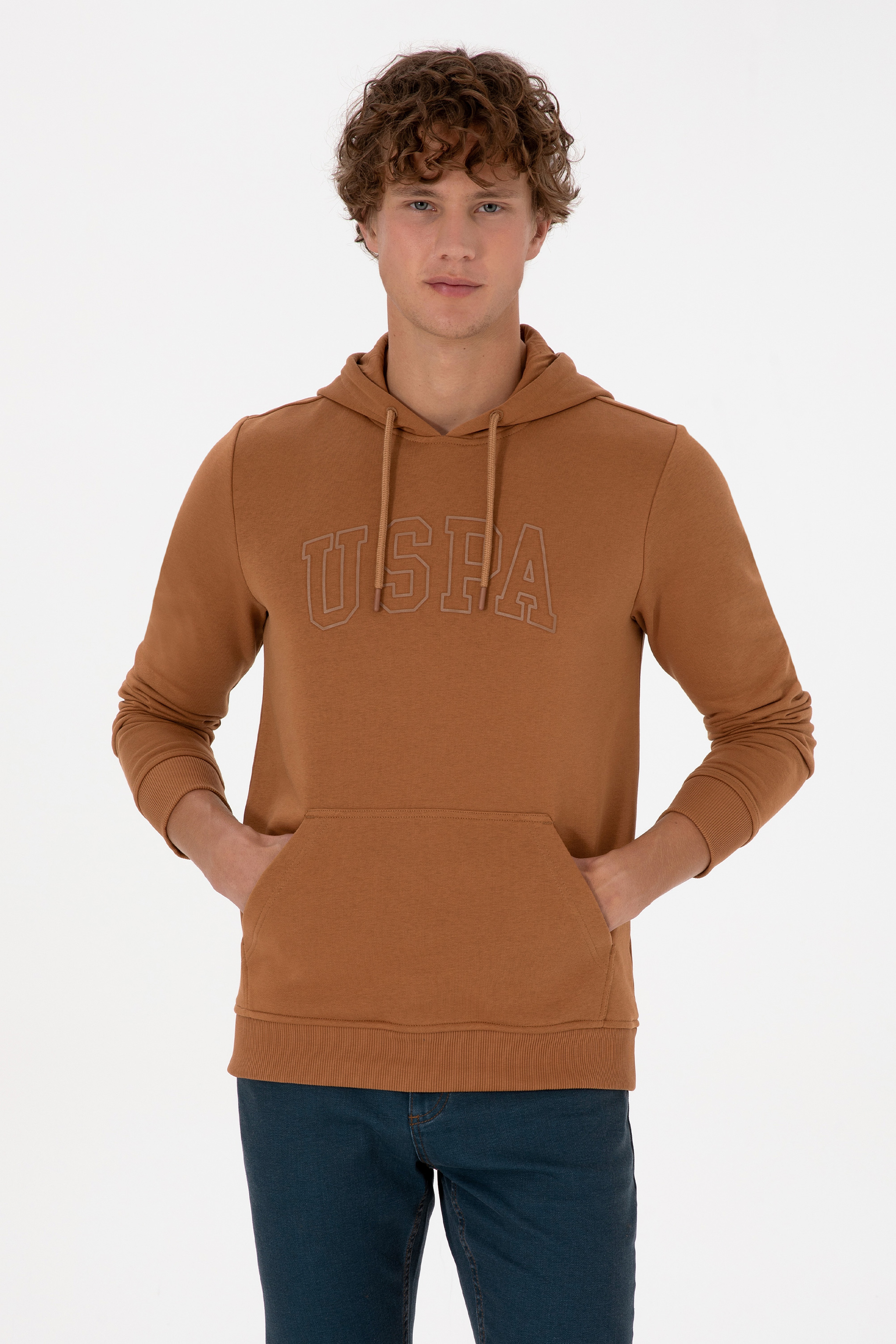 Erkek Regular Fit Kapüşonlu Camel Basic Sweatshirt - Image 3