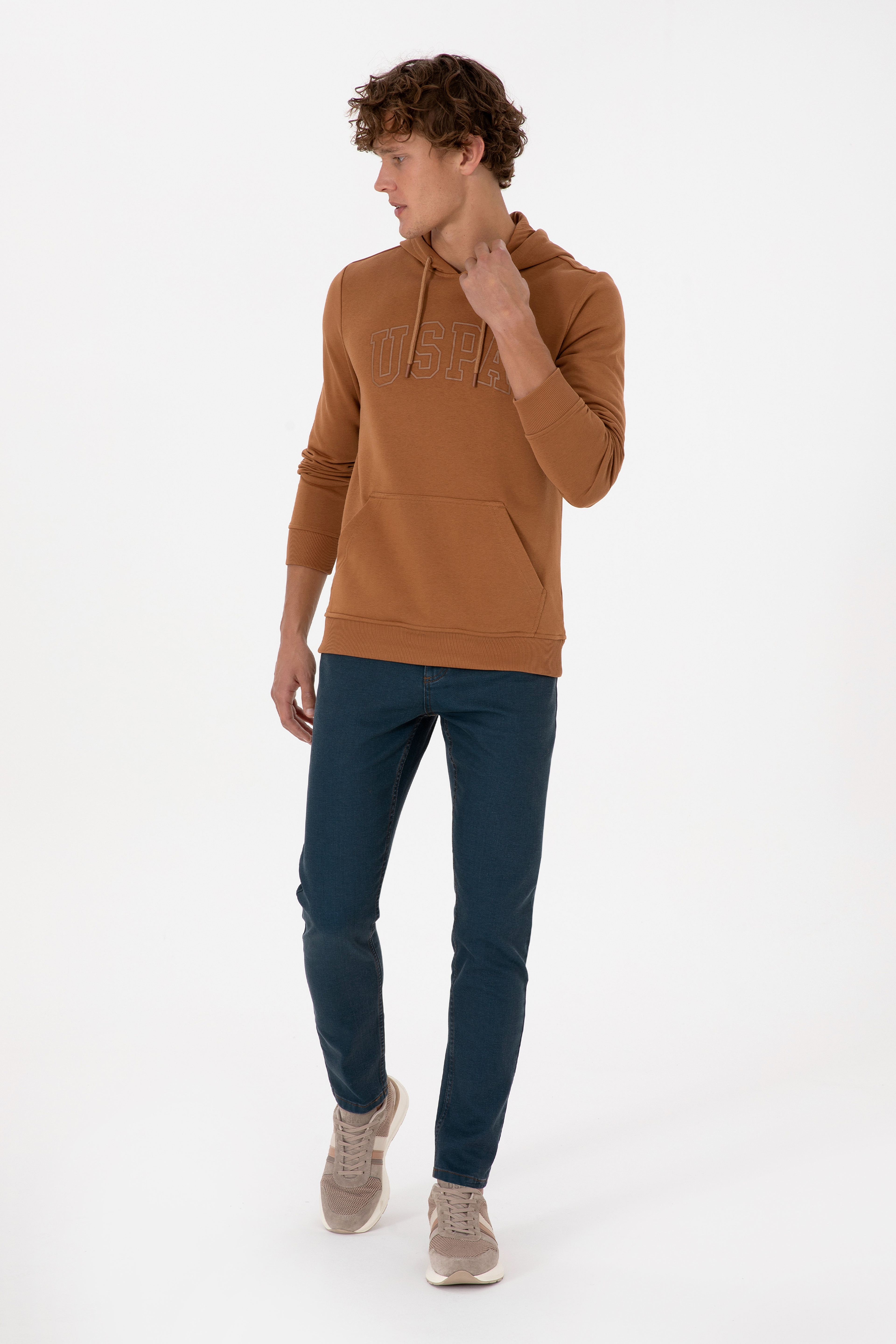 Erkek Regular Fit Kapüşonlu Camel Basic Sweatshirt - Image 4