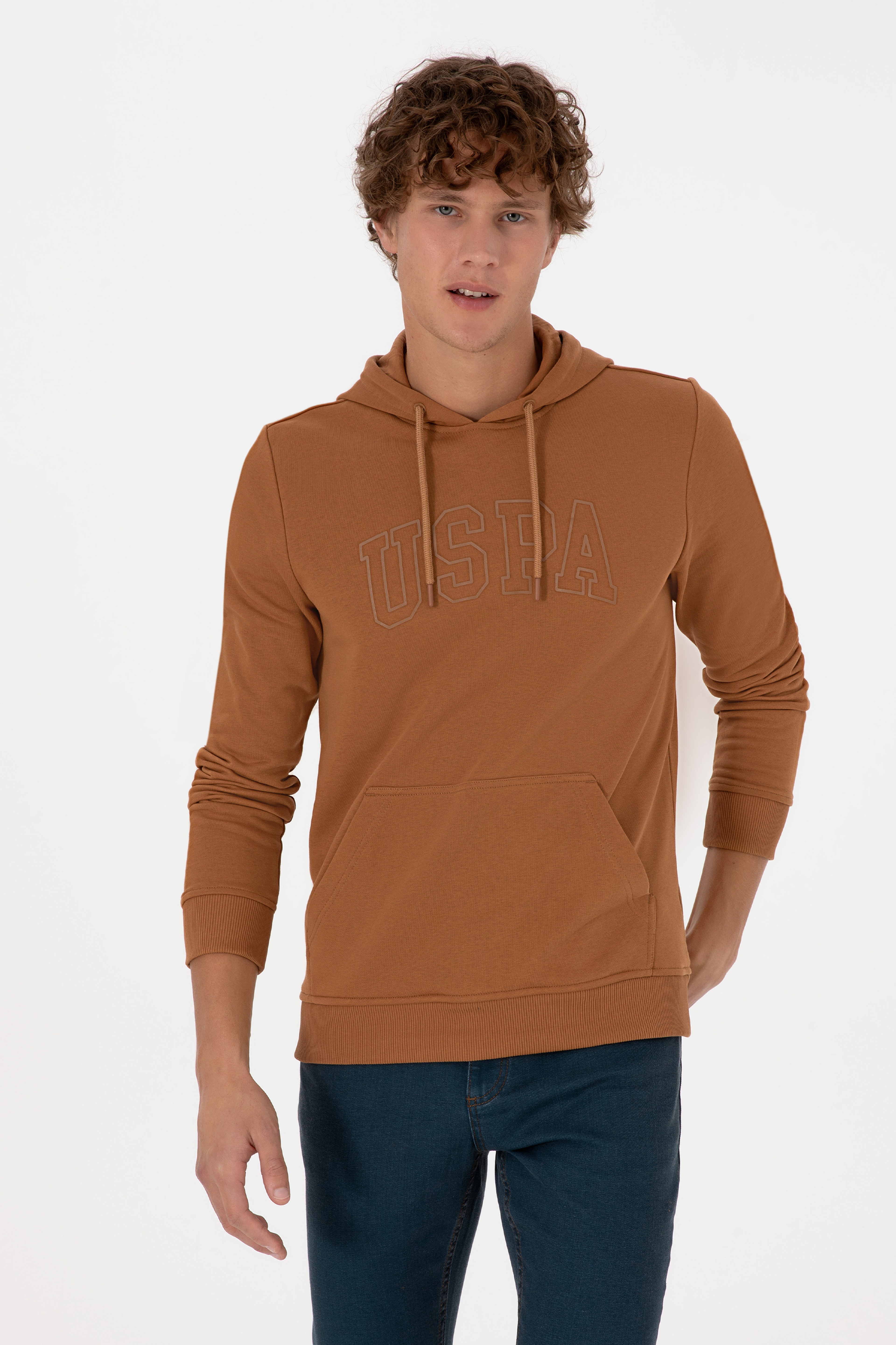 Erkek Regular Fit Kapüşonlu Camel Basic Sweatshirt - Image 1