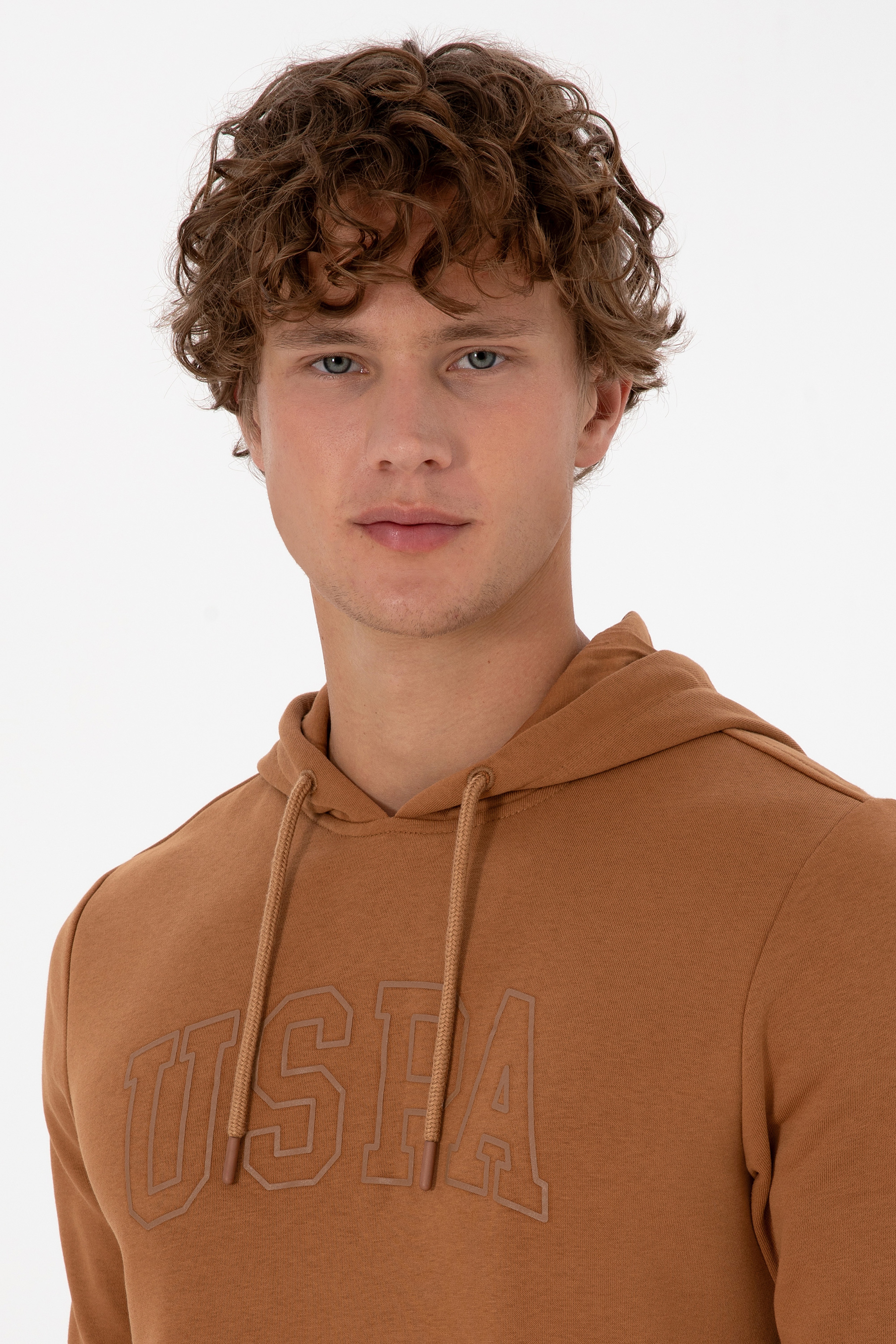 Erkek Regular Fit Kapüşonlu Camel Basic Sweatshirt - Image 2