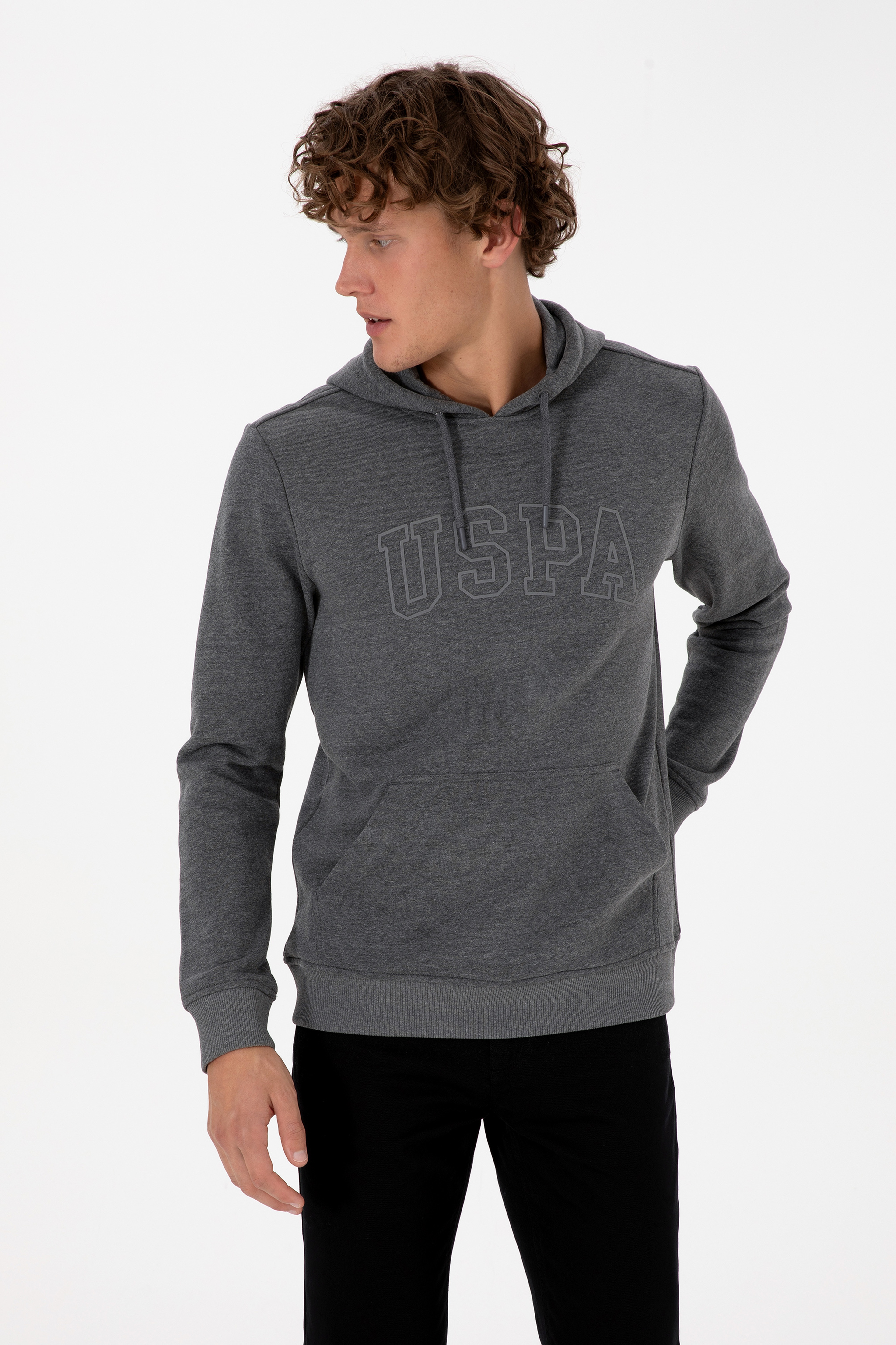 Erkek Regular Fit Kapüşonlu Antrasit Melanj Basic Sweatshirt - Image 3
