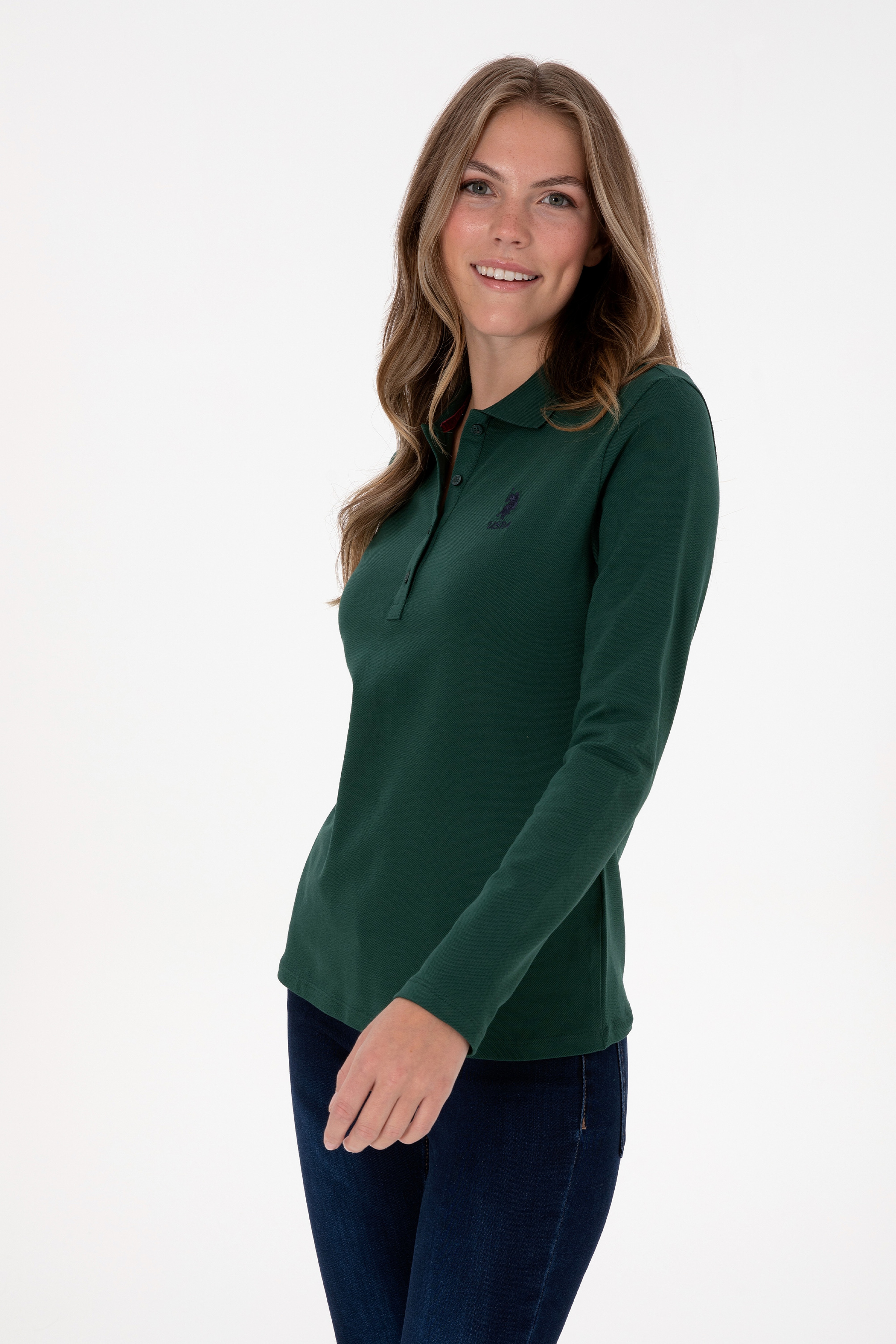 Kadın Koyu Yeşil Basic Polo Yaka Sweatshırt - Image 3