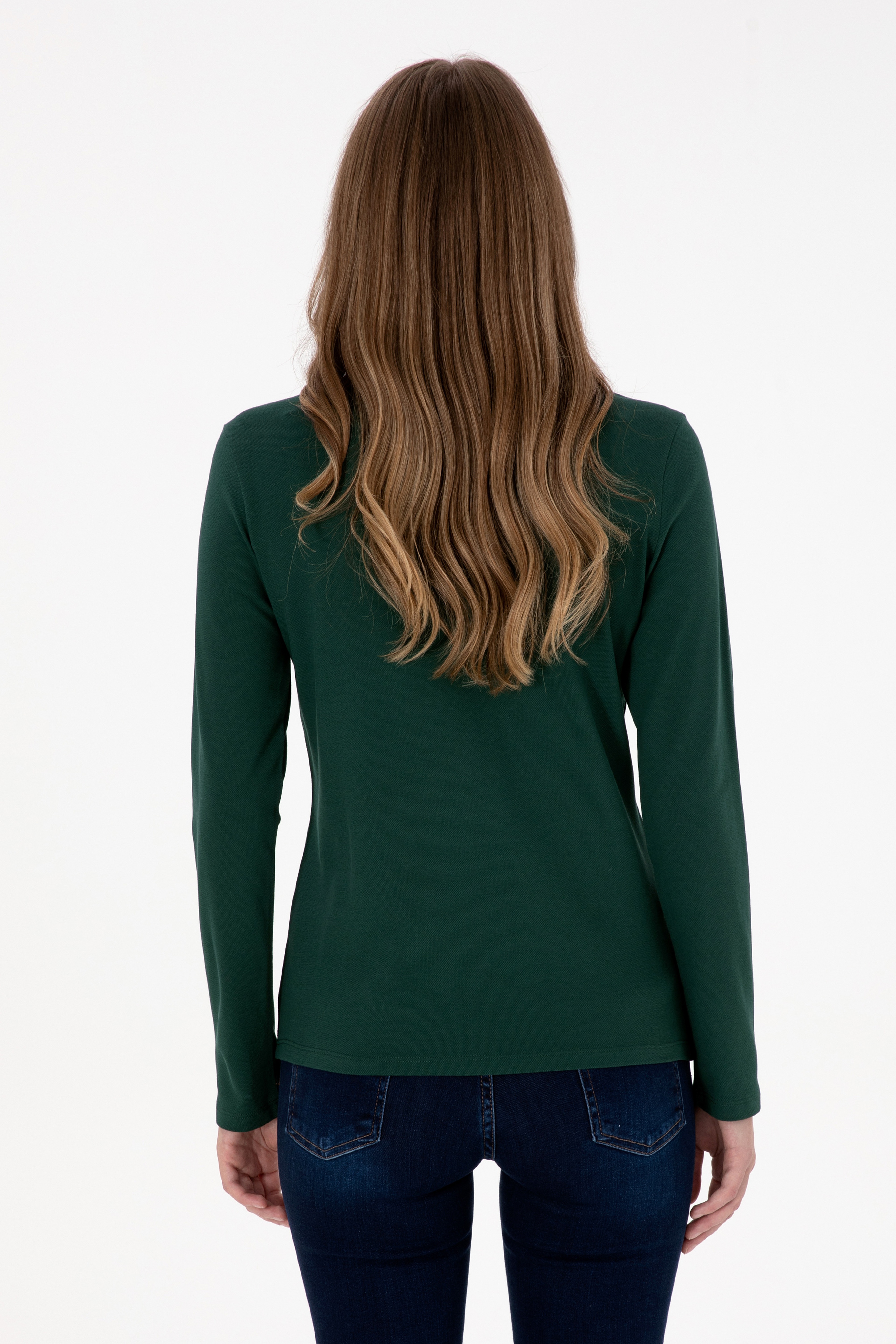Kadın Koyu Yeşil Basic Polo Yaka Sweatshırt - Image 5
