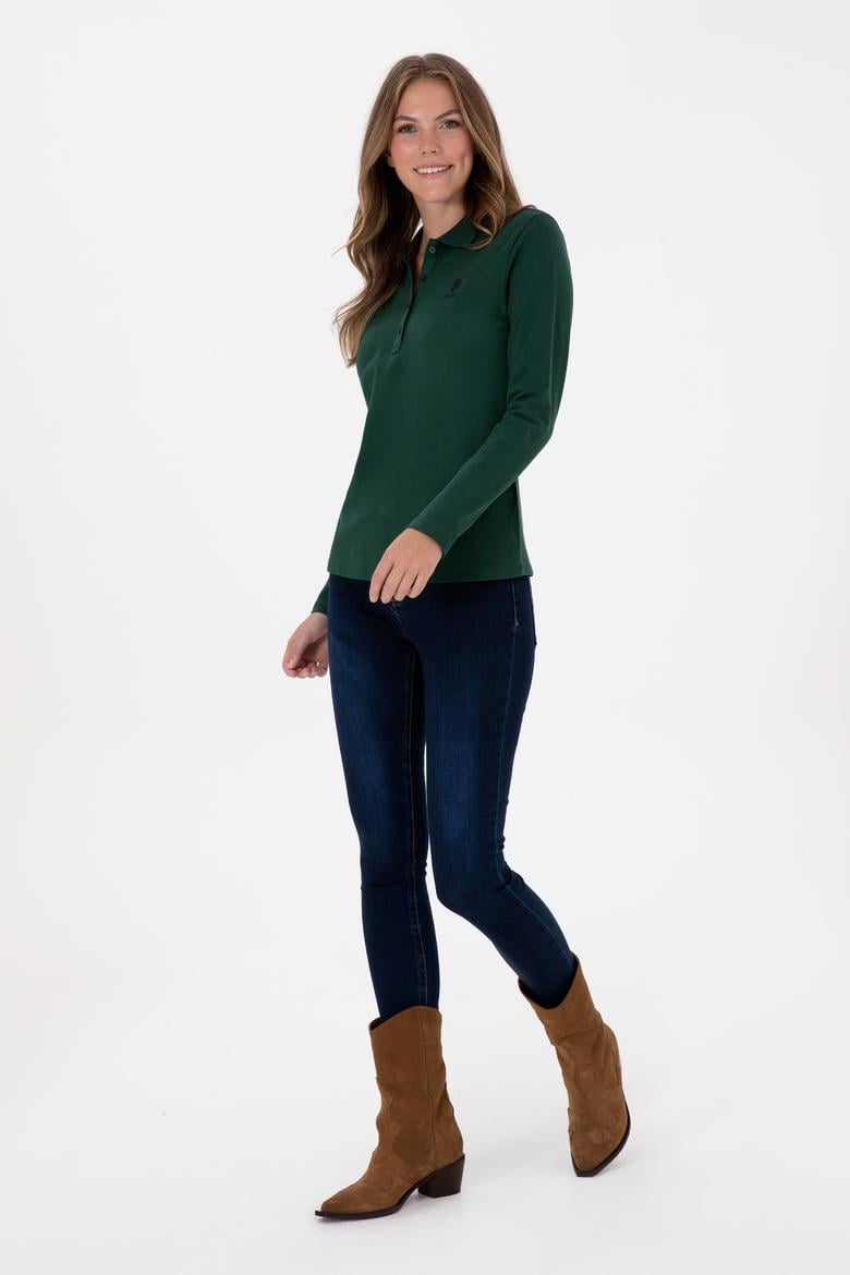 Kadın Koyu Yeşil Basic Polo Yaka Sweatshırt - 50307755132