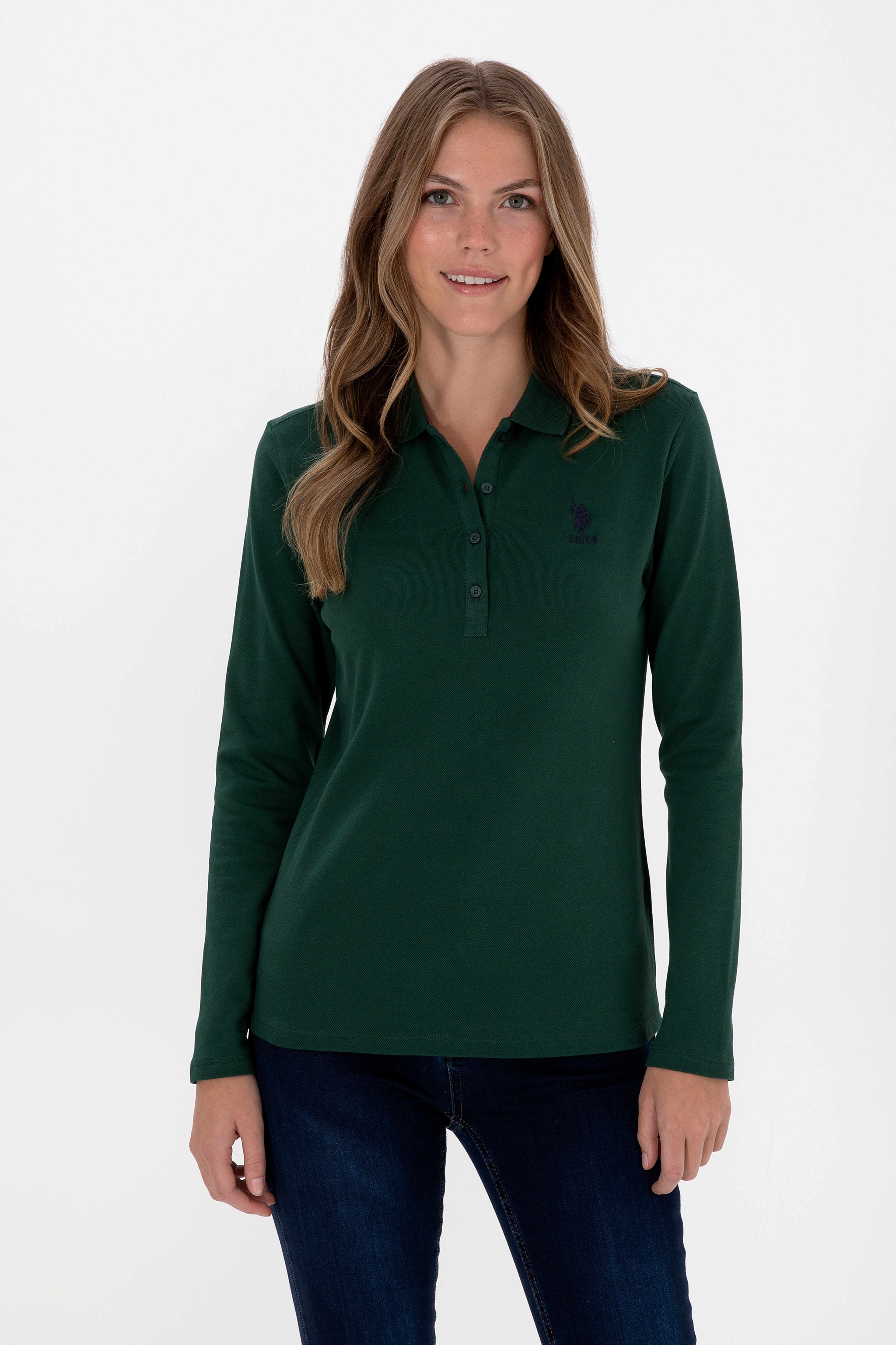 Kadın Koyu Yeşil Basic Polo Yaka Sweatshırt - Image 1