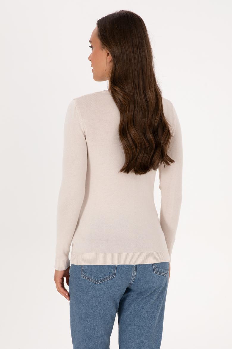 Kadın Krem V Yaka Basic Kazak - 50307712115