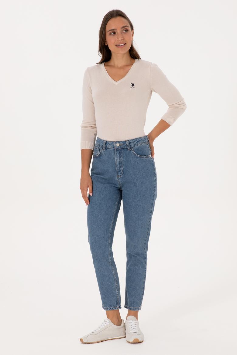 Kadın Krem V Yaka Basic Kazak - 50307712115