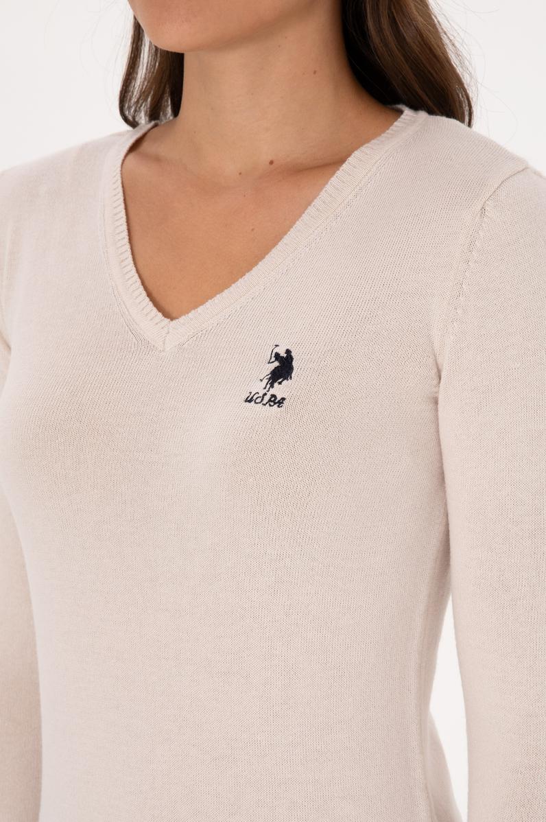 Kadın Krem V Yaka Basic Kazak