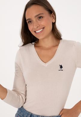 Kadın Krem V Yaka Basic Kazak - 50307712115