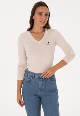 Kadın Krem V Yaka Basic Kazak - 50307712115