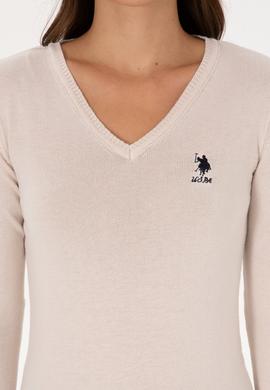 Kadın Krem V Yaka Basic Kazak - 50307712115