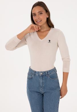 Kadın Krem V Yaka Basic Kazak - 50307712115