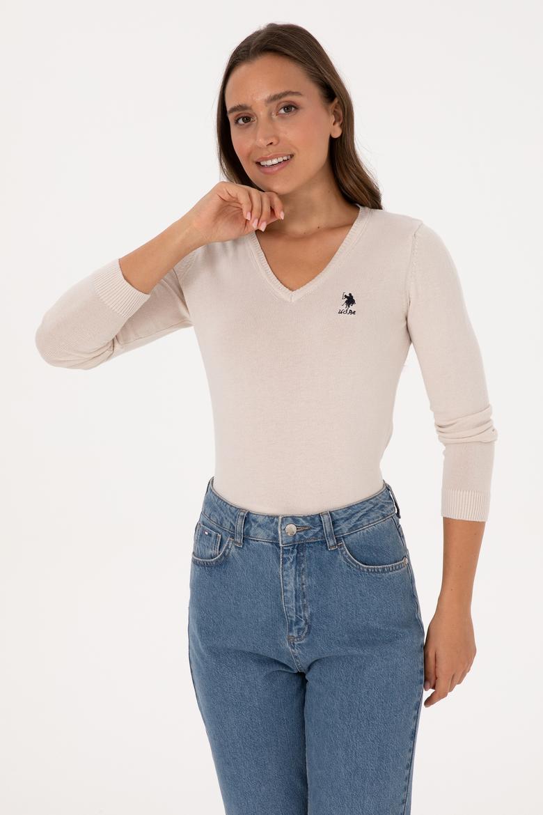 Kadın Krem V Yaka Basic Kazak - 50307712115