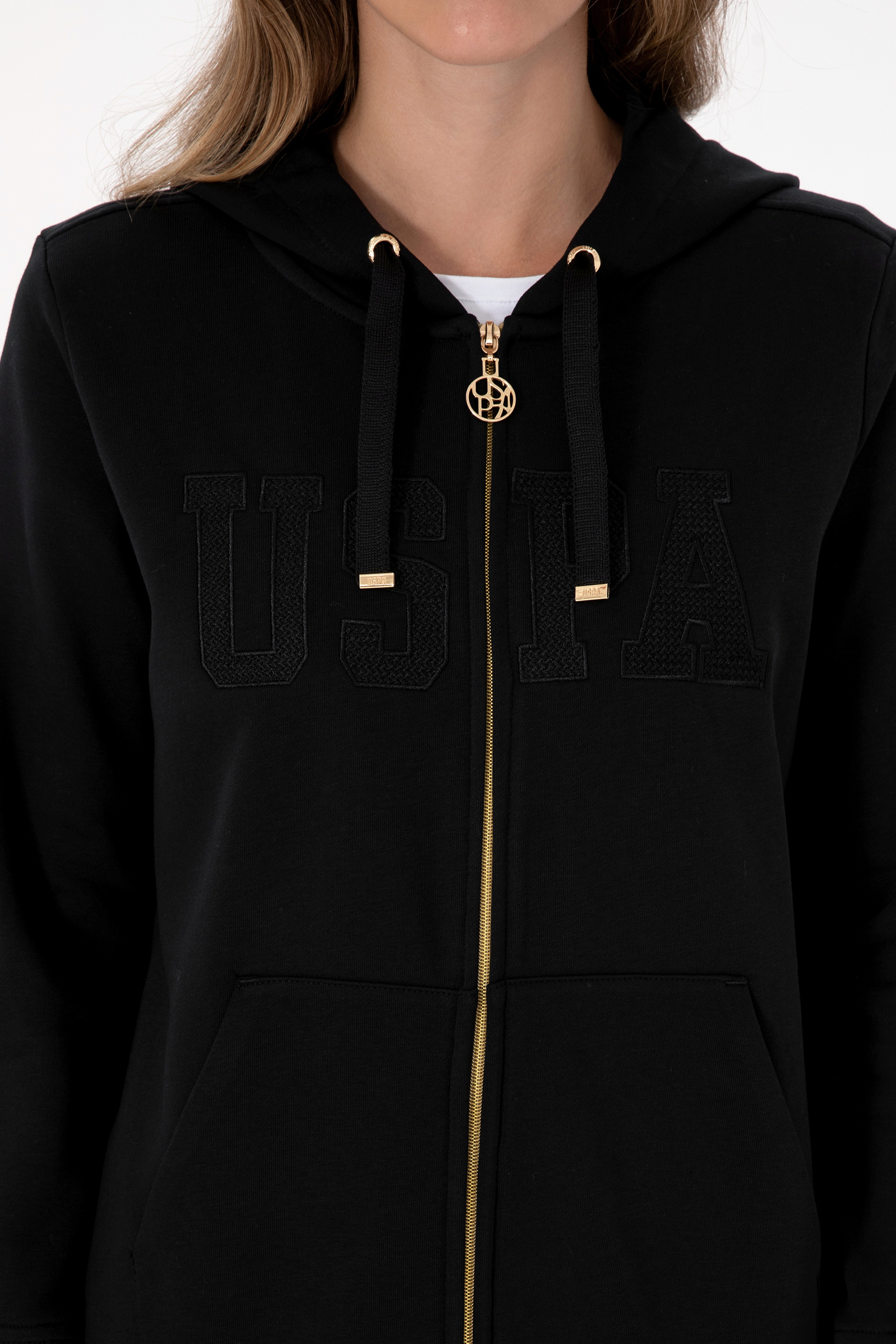 Kadın Siyah Uzun Fermuarlı Kapüşonlu Basic Sweatshirt