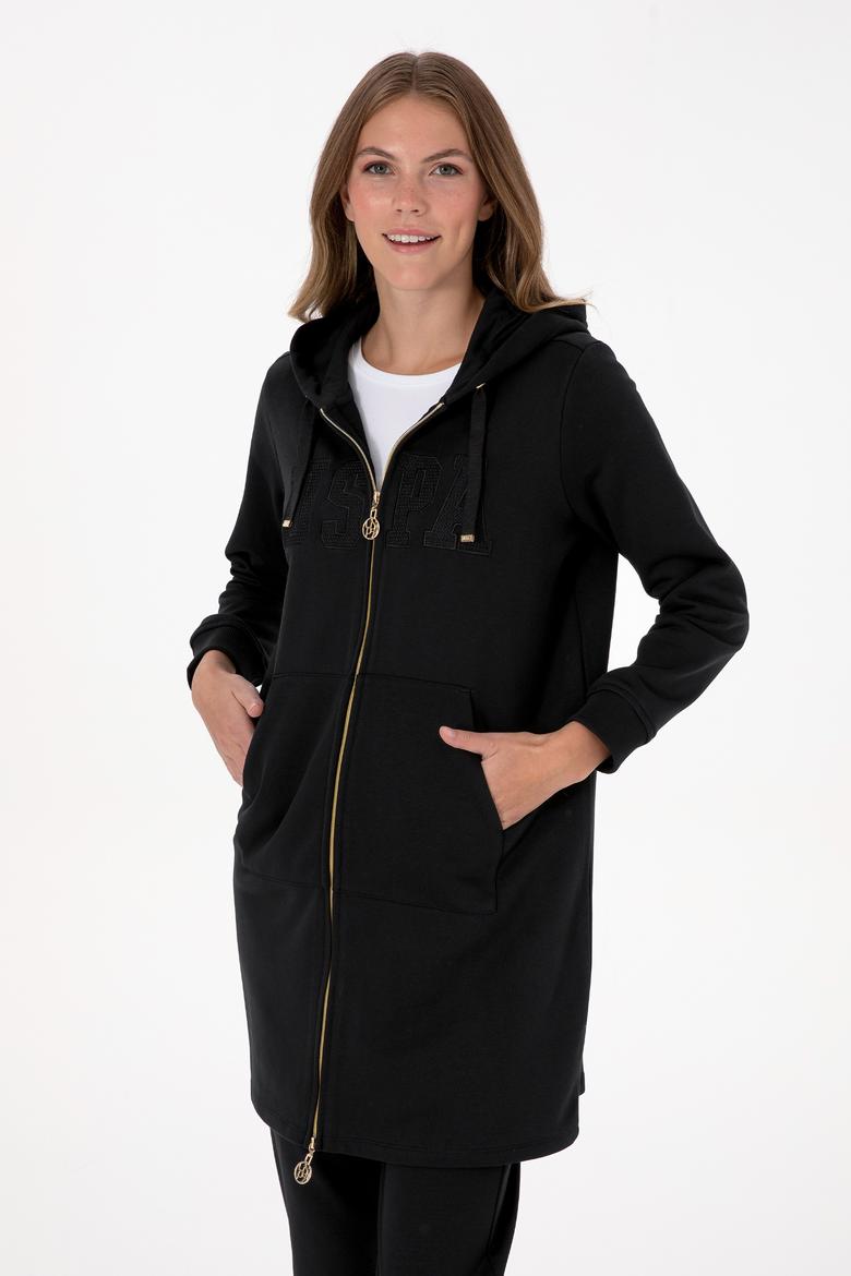 Kadın Siyah Uzun Fermuarlı Kapüşonlu Basic Sweatshirt