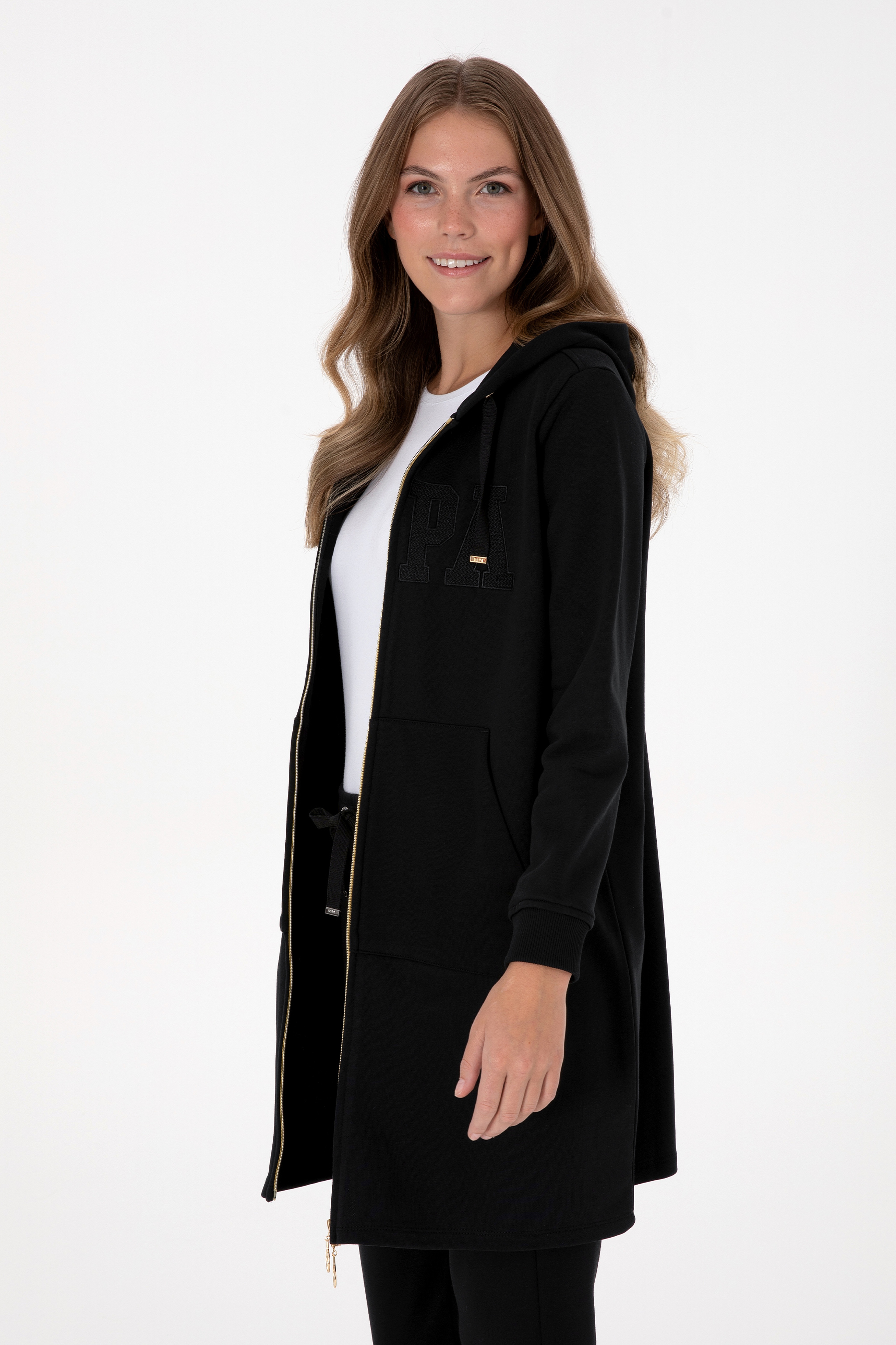 Kadın Siyah Uzun Fermuarlı Kapüşonlu Basic Sweatshirt - Image 3
