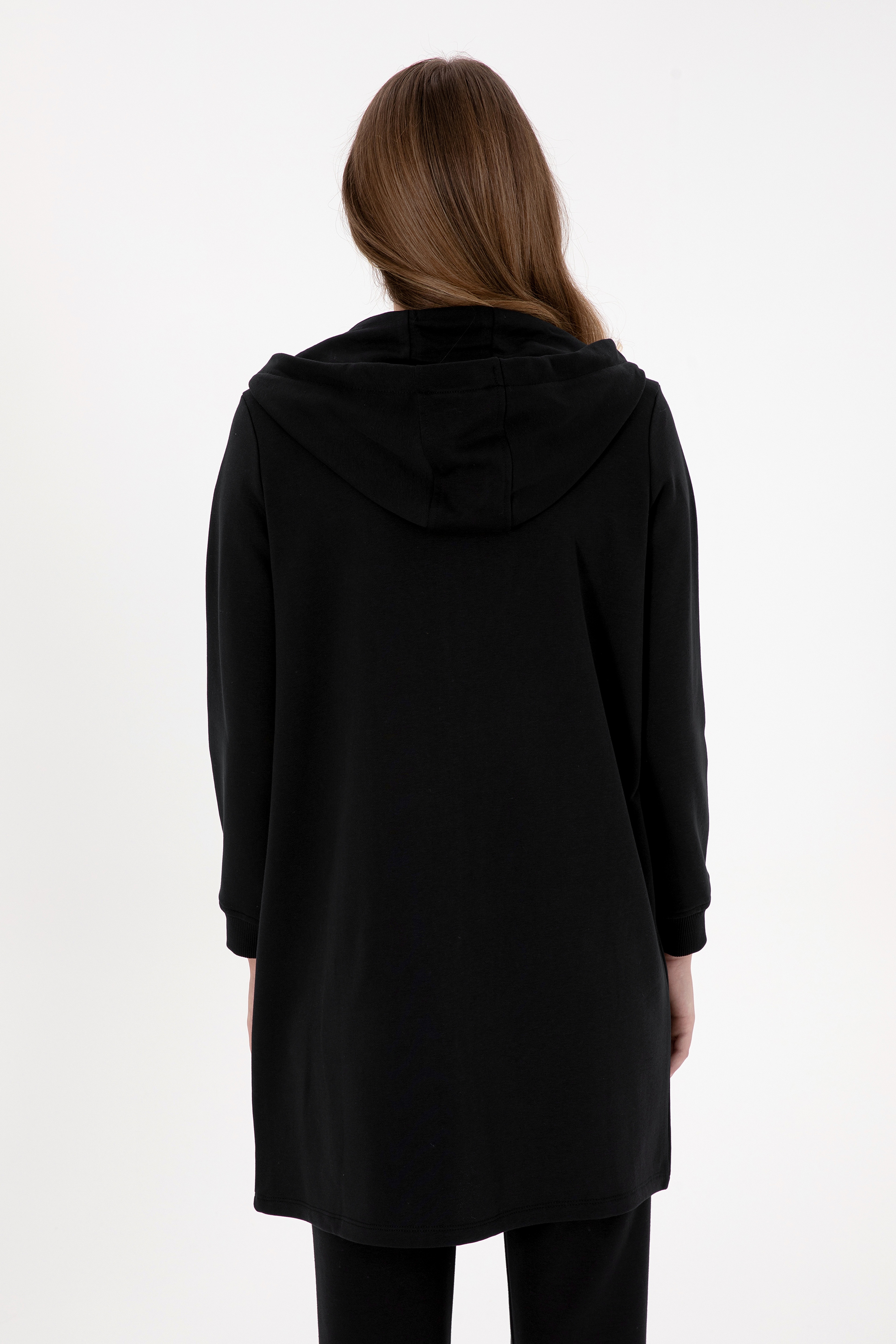 Kadın Siyah Uzun Fermuarlı Kapüşonlu Basic Sweatshirt