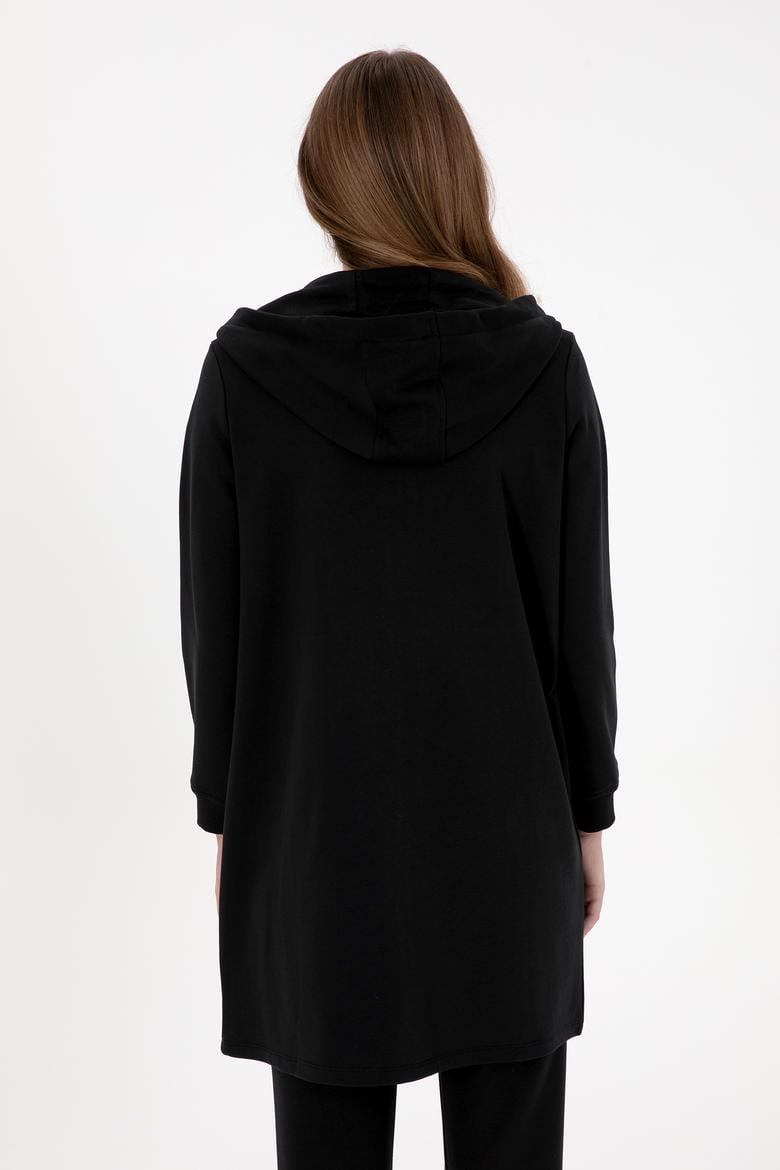 Kadın Siyah Uzun Fermuarlı Kapüşonlu Basic Sweatshirt - 50307724013