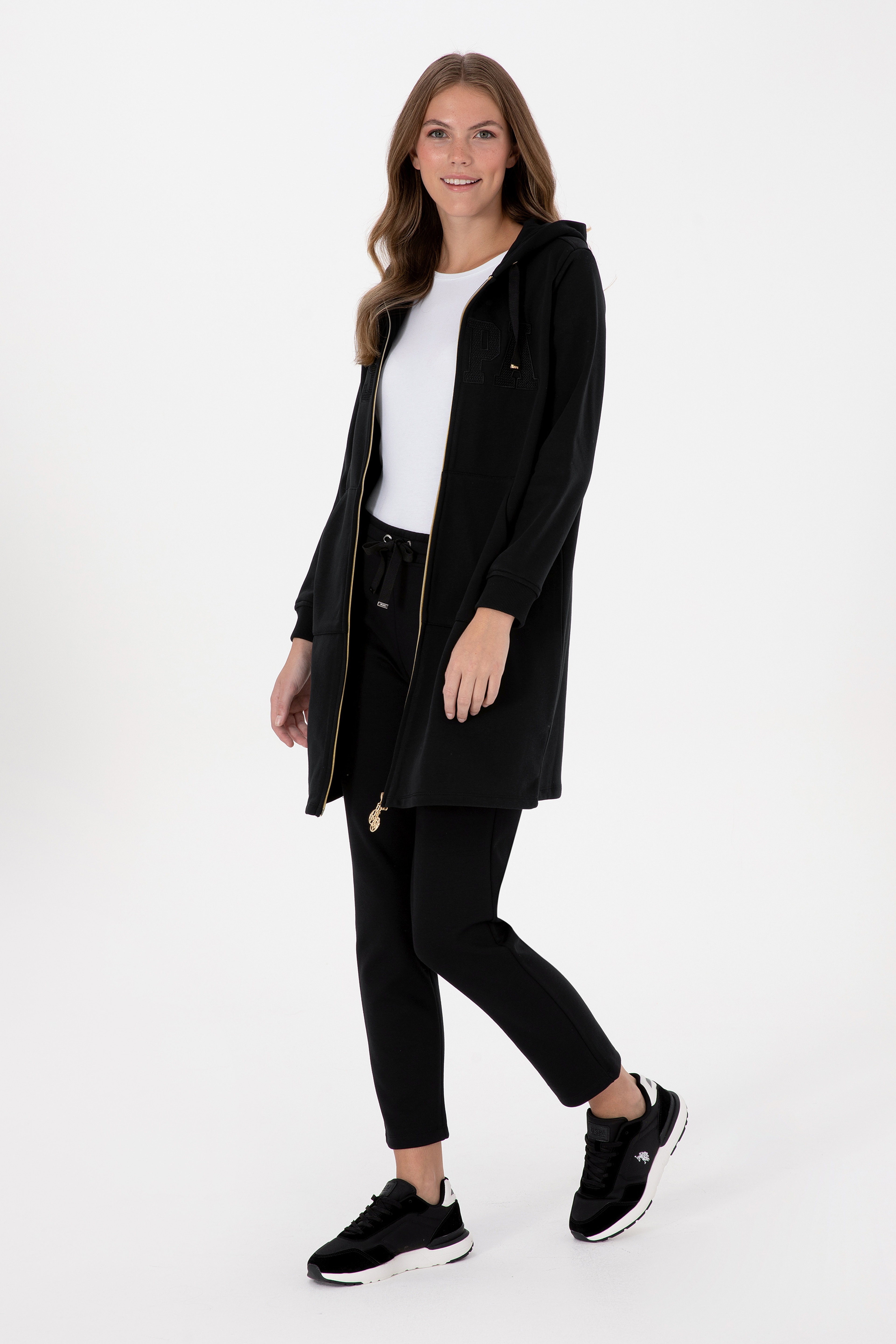 Kadın Siyah Uzun Fermuarlı Kapüşonlu Basic Sweatshirt