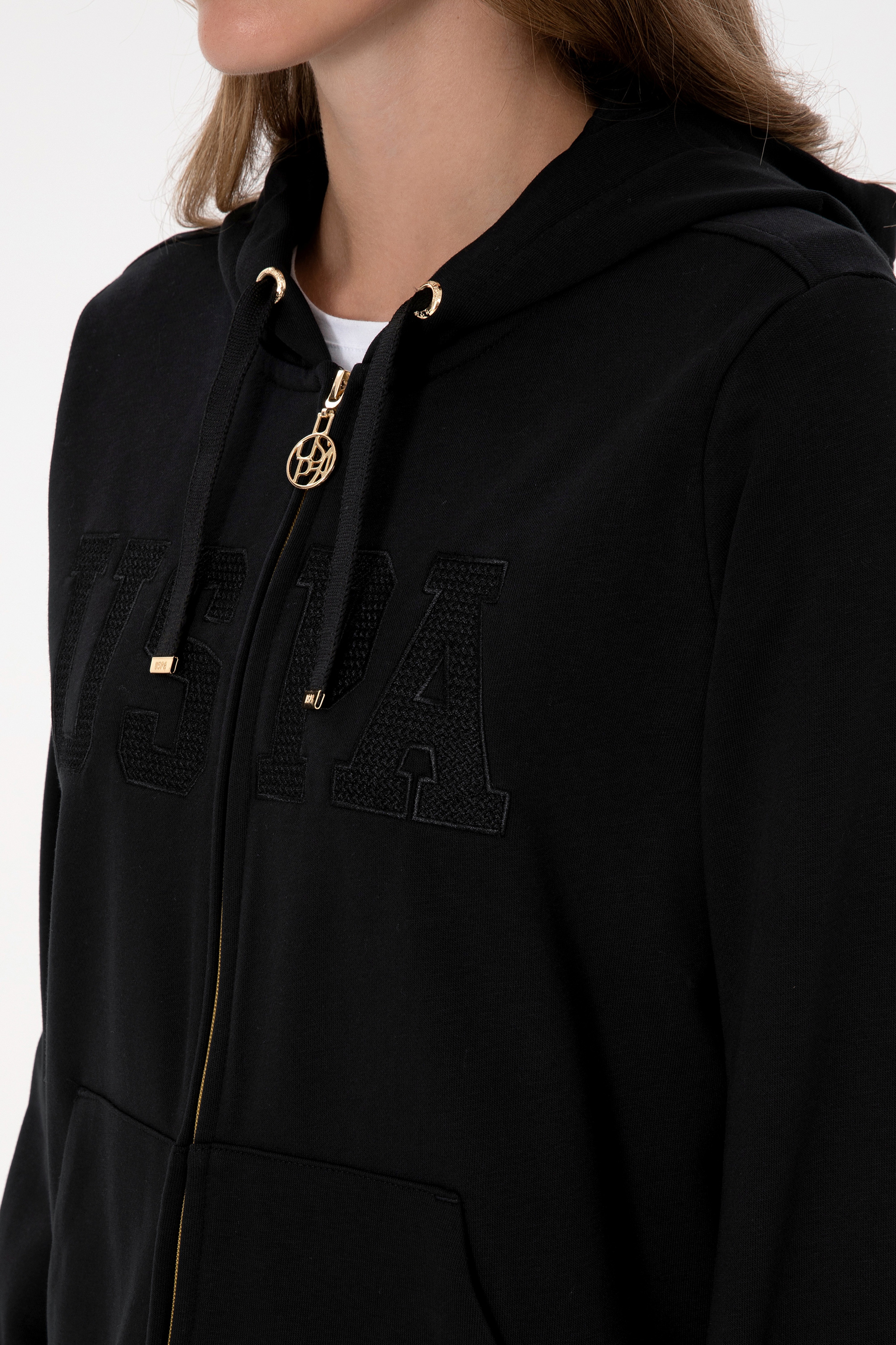 Kadın Siyah Uzun Fermuarlı Kapüşonlu Basic Sweatshirt